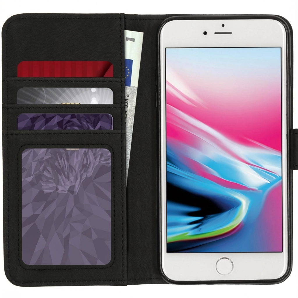 Un étui portefeuille noir tenant un iPhone blanc et plusieurs cartes.