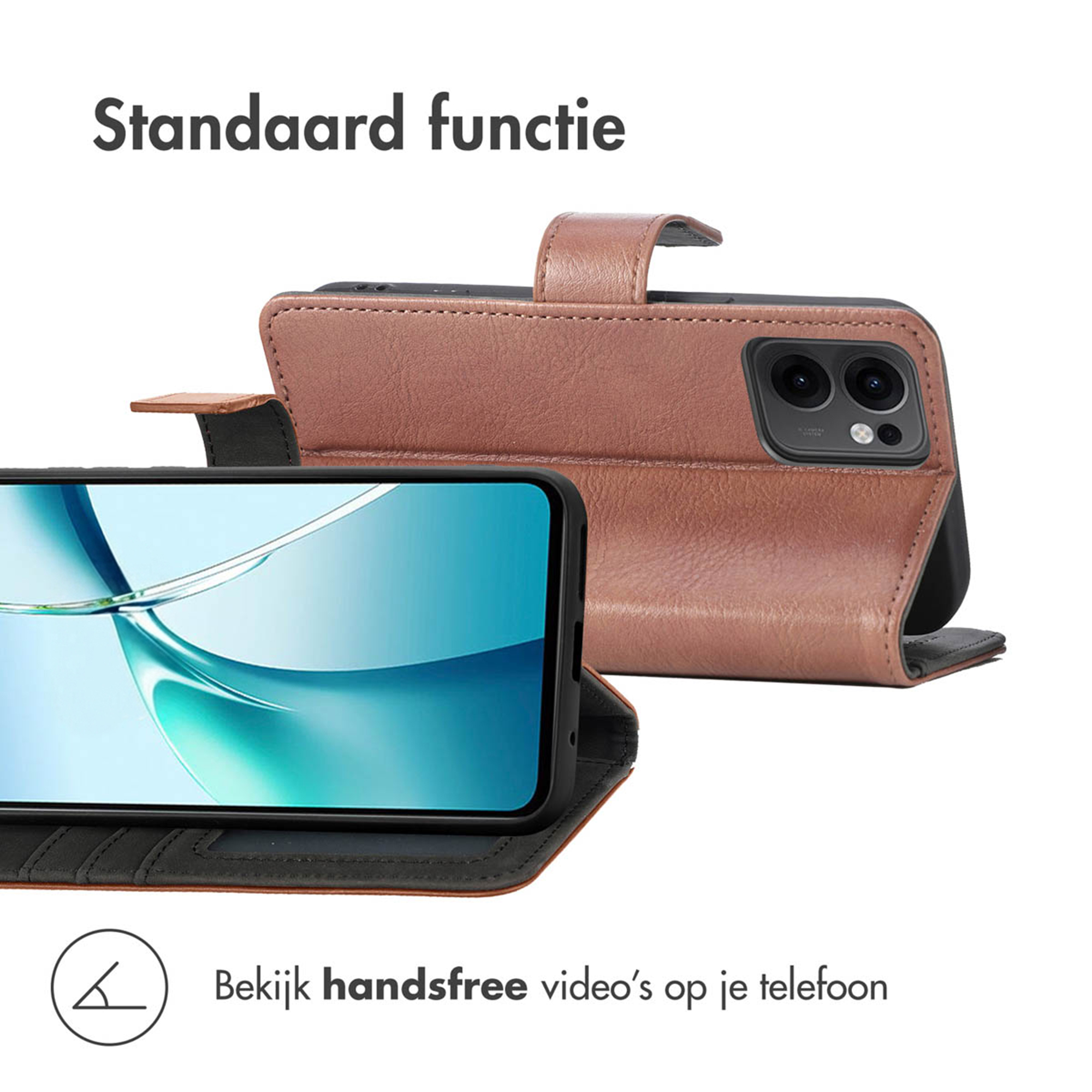 Bruine leren flipcase voor smartphone, in standaardfunctie.