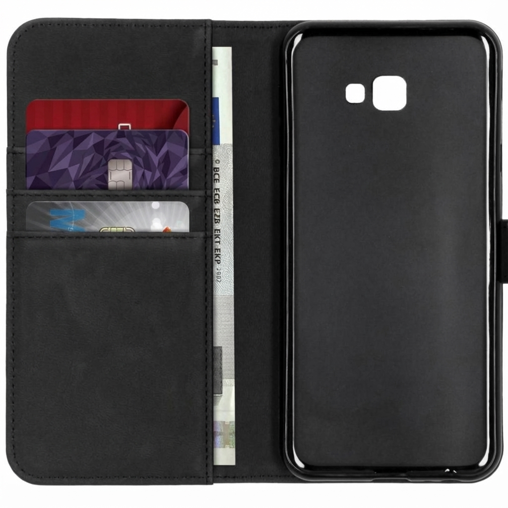 Étui de téléphone noir avec fentes pour cartes et un billet.