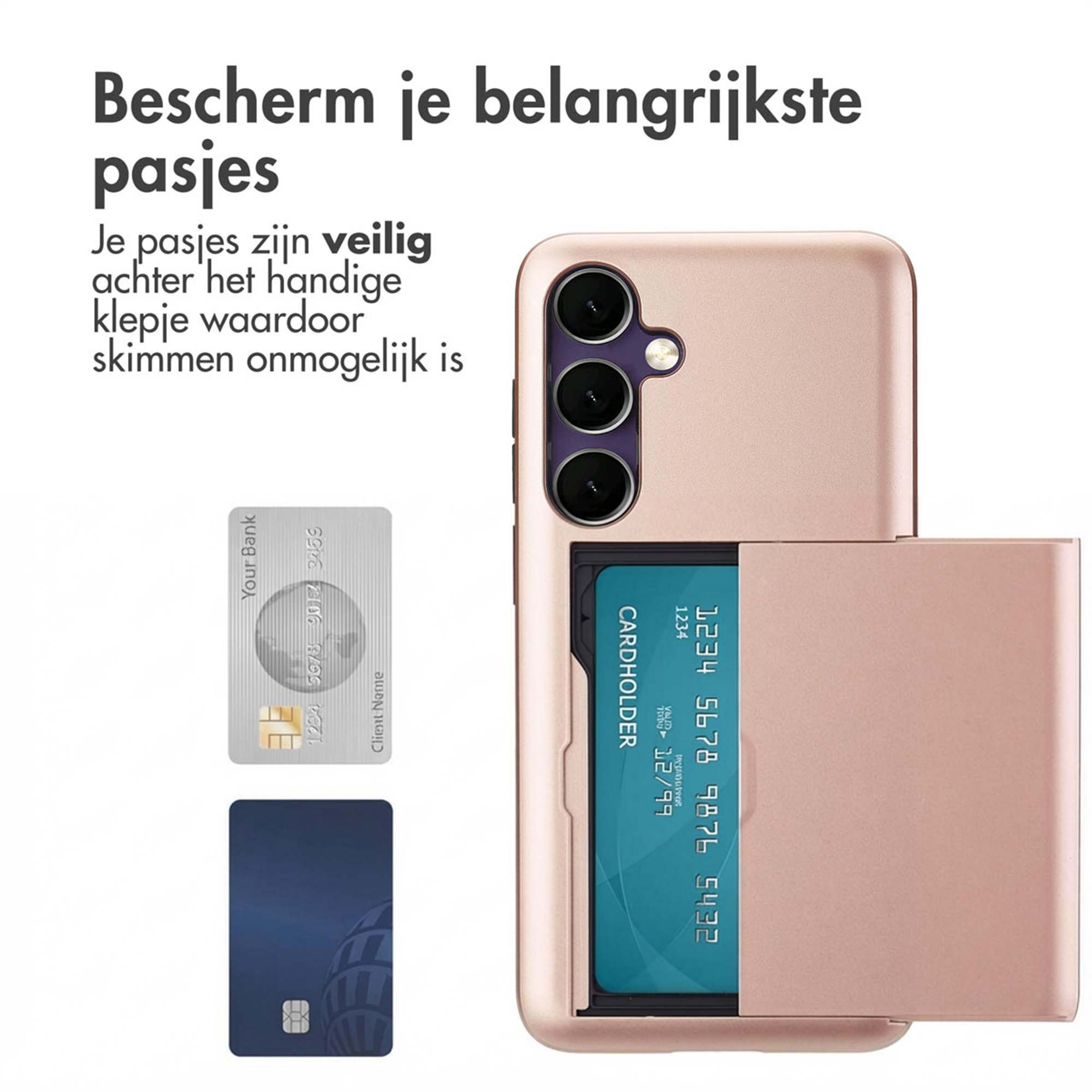 Roségouden telefoonhoesje met kaarthouder en creditcards.