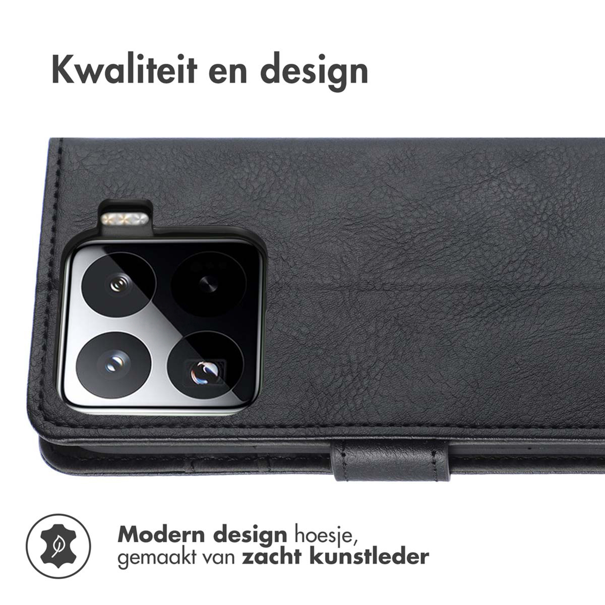Zwart kunstleren telefoonhoes met cameralenzen en flitser.