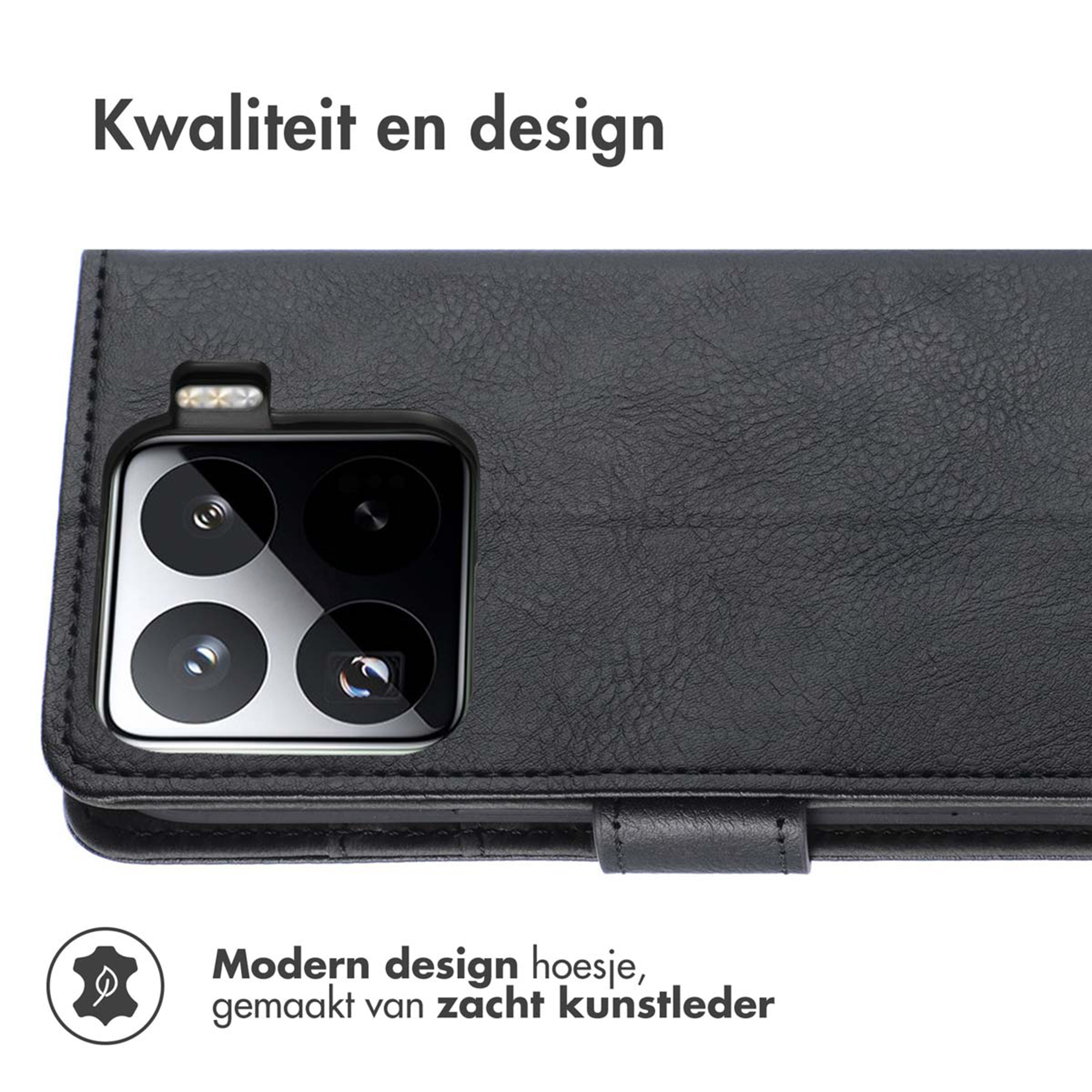 Étui de téléphone noir en similicuir avec quadruple appareil photo et flash.