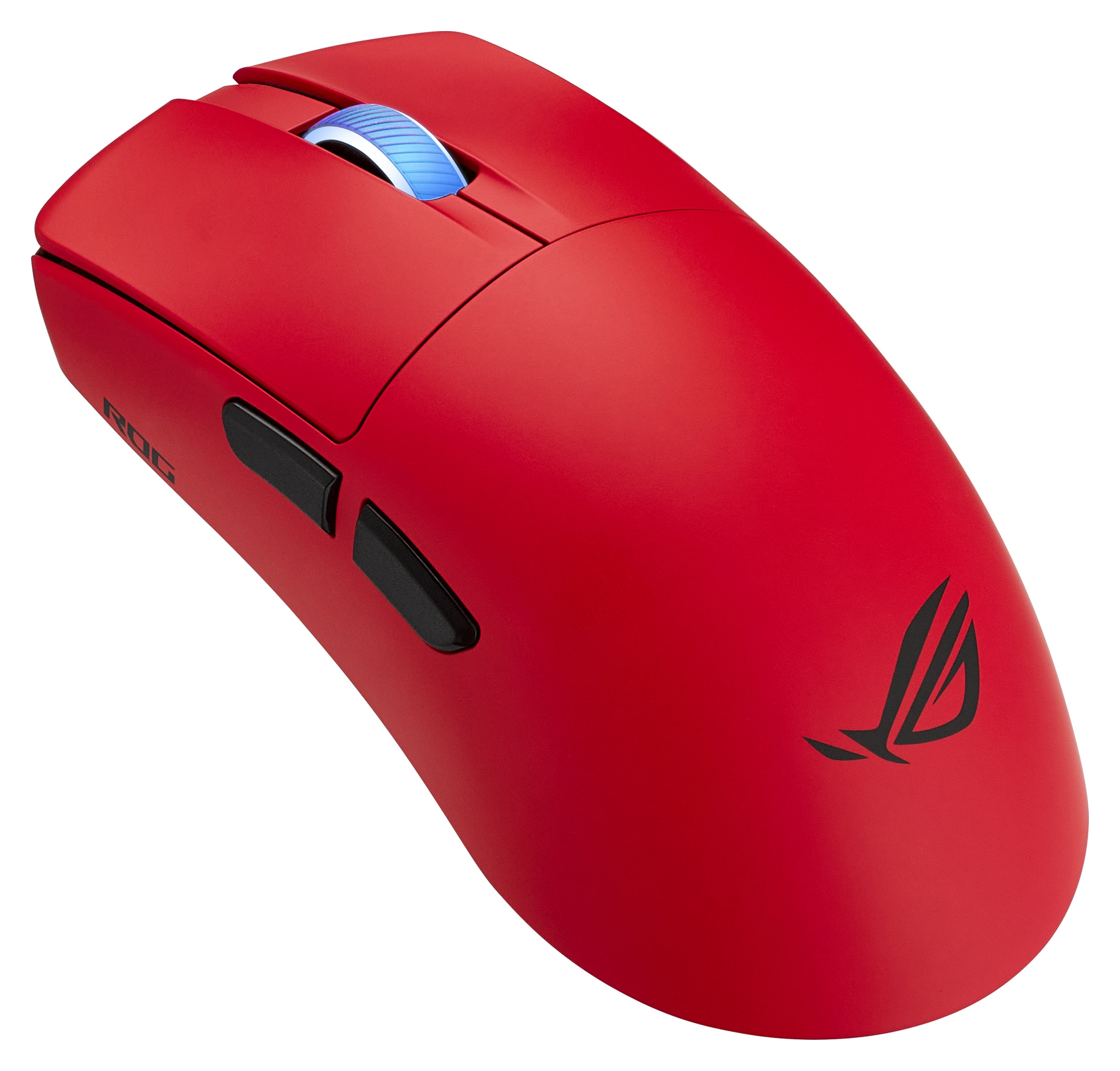 Un mouse da gaming rosso con rotellina blu illuminata e pulsanti neri.