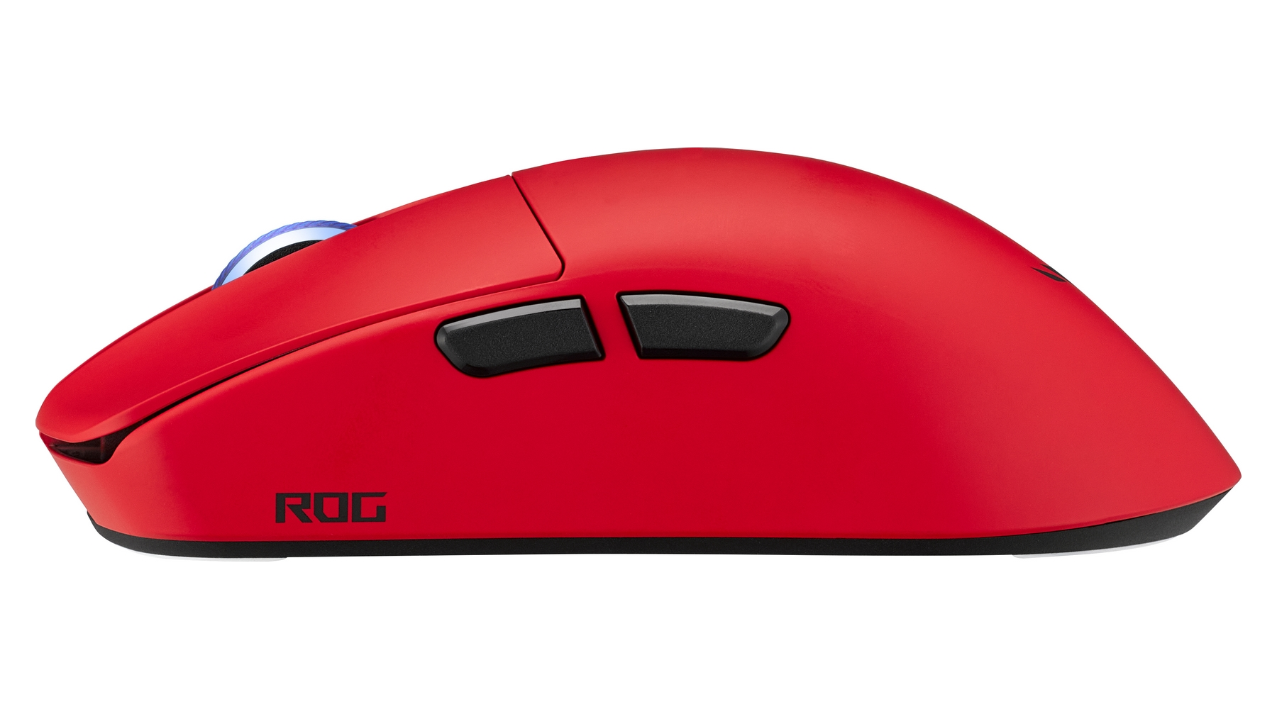 Mouse gaming rosso con pulsanti neri e logo ROG.