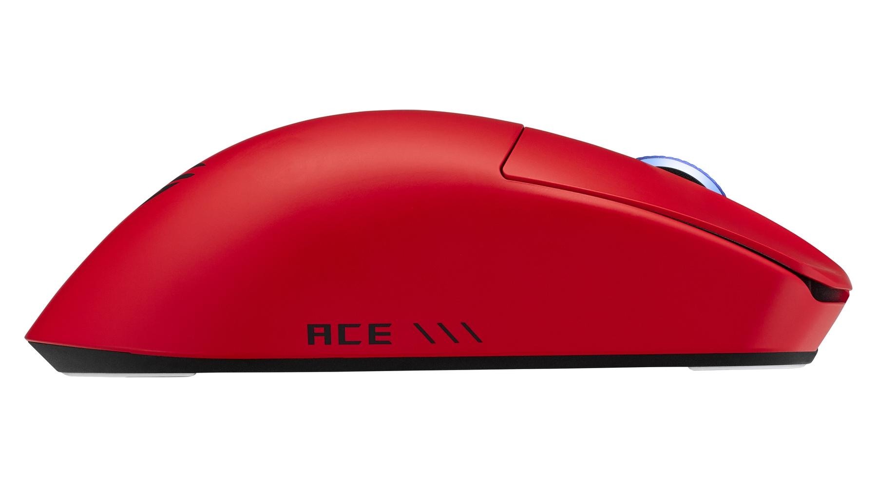 Mouse rosso con testo nero "ACE \\111" e luce blu sulla rotellina.
