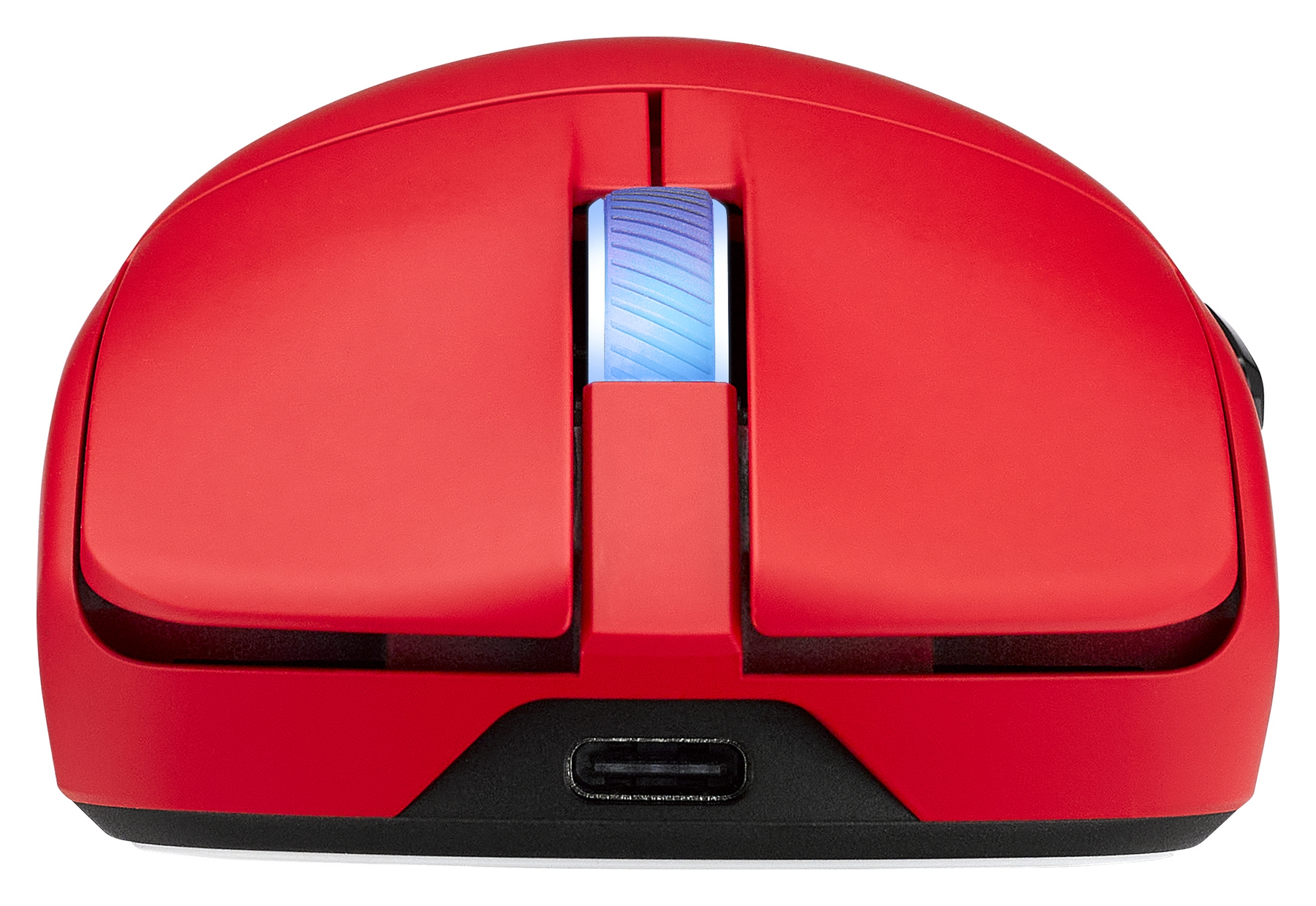 Mouse da gaming rosso con rotella illuminata blu e porta USB-C.