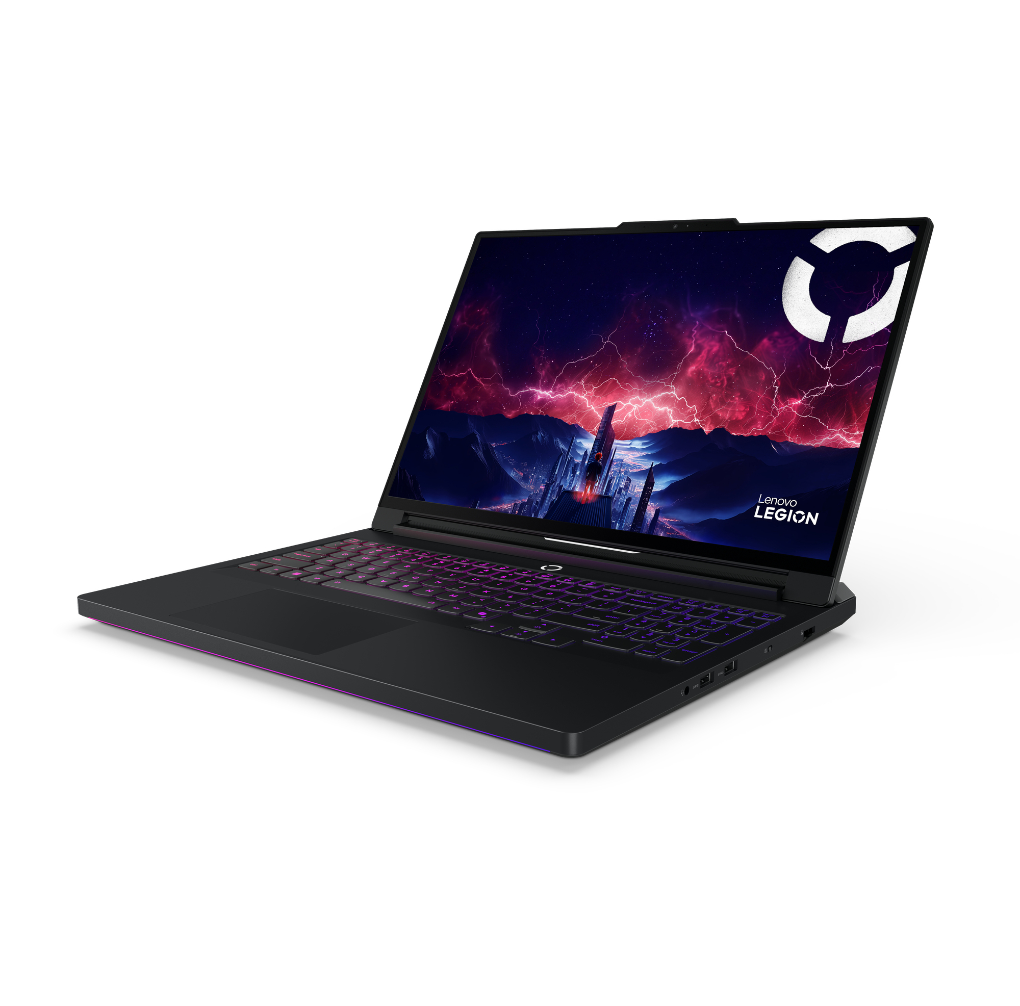 Laptop Lenovo Legion nero con illuminazione viola sulla tastiera e sfondo città futuristica.