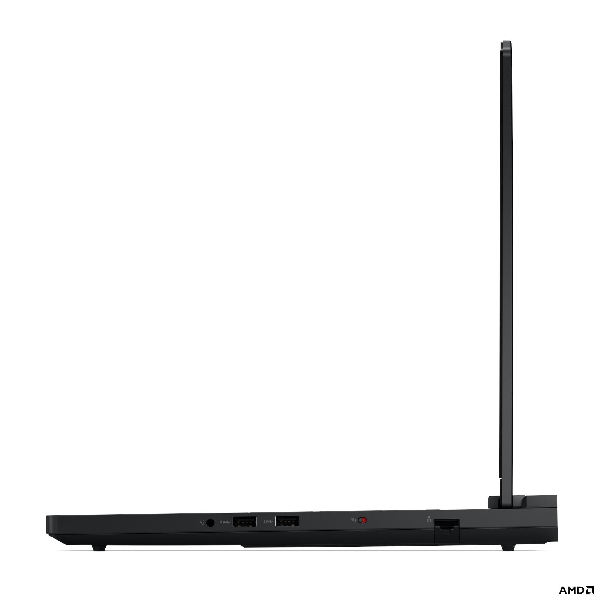 Laptop nero di profilo, schermo verticale. Porte visibili sul lato.