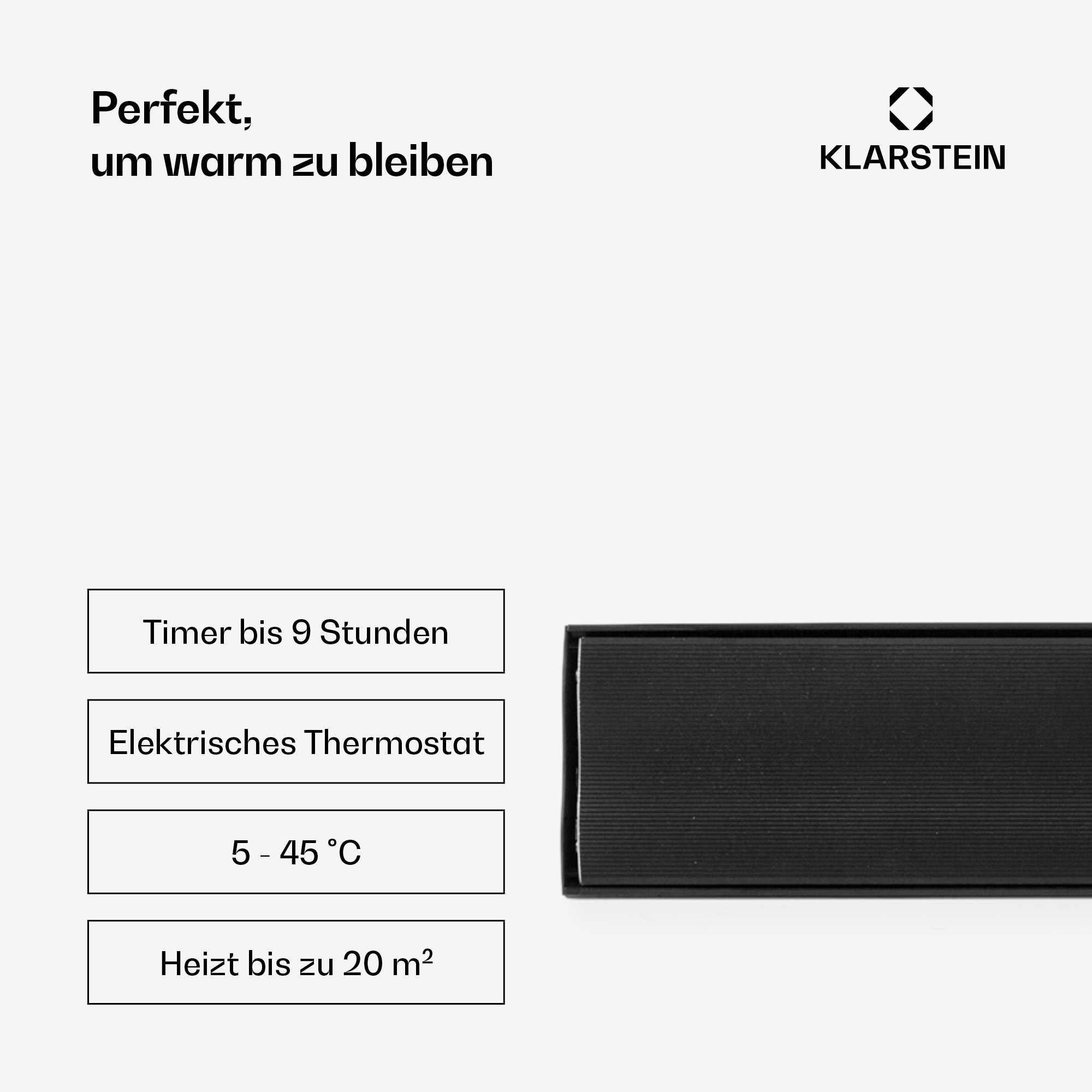 Ein schwarzer Heizkörper mit Timer, Thermostat und Heizleistung für 20m².