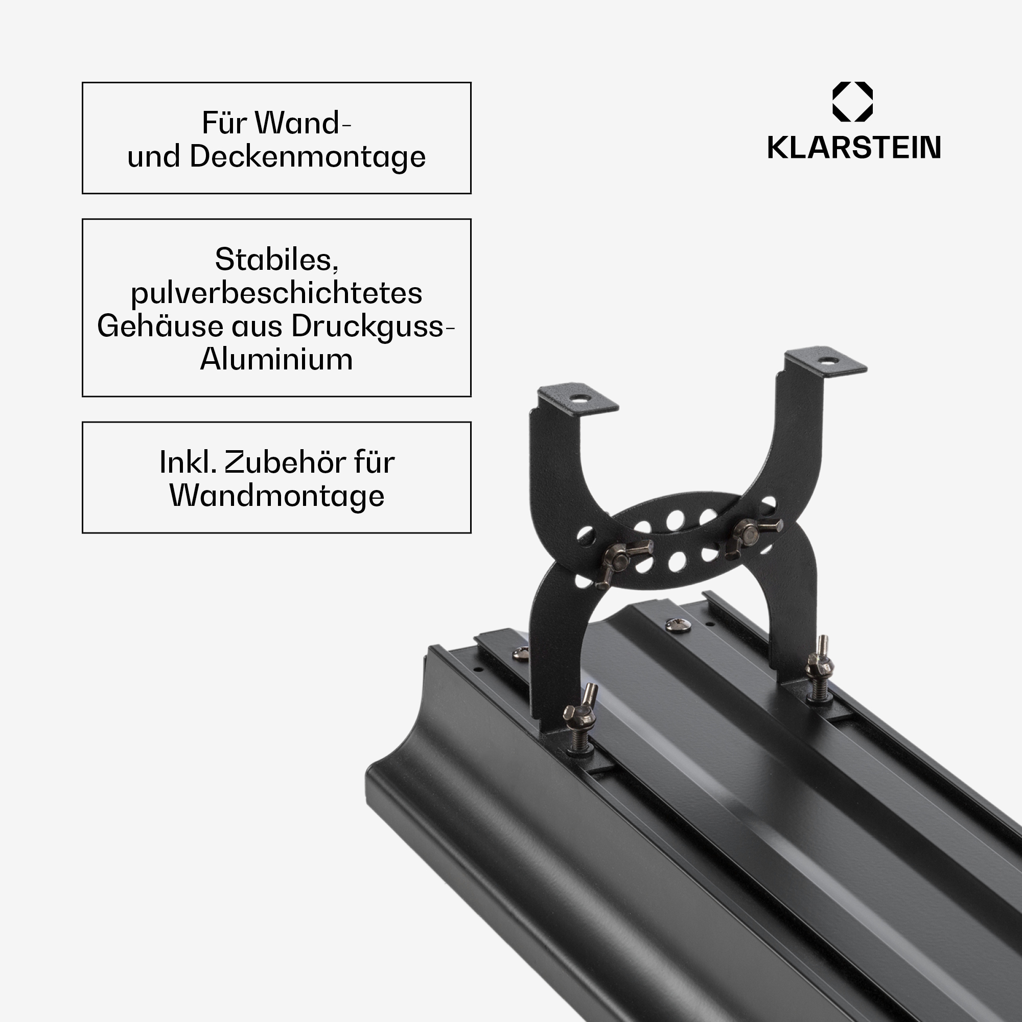 Schwarzes Metallgehäuse mit Befestigungshalterung und Textfeldern.