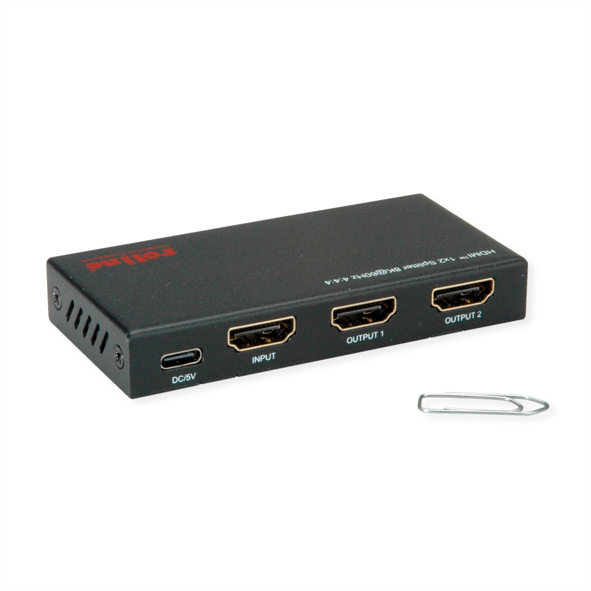 Zwarte HDMI-splitter met één ingang en twee uitgangen.