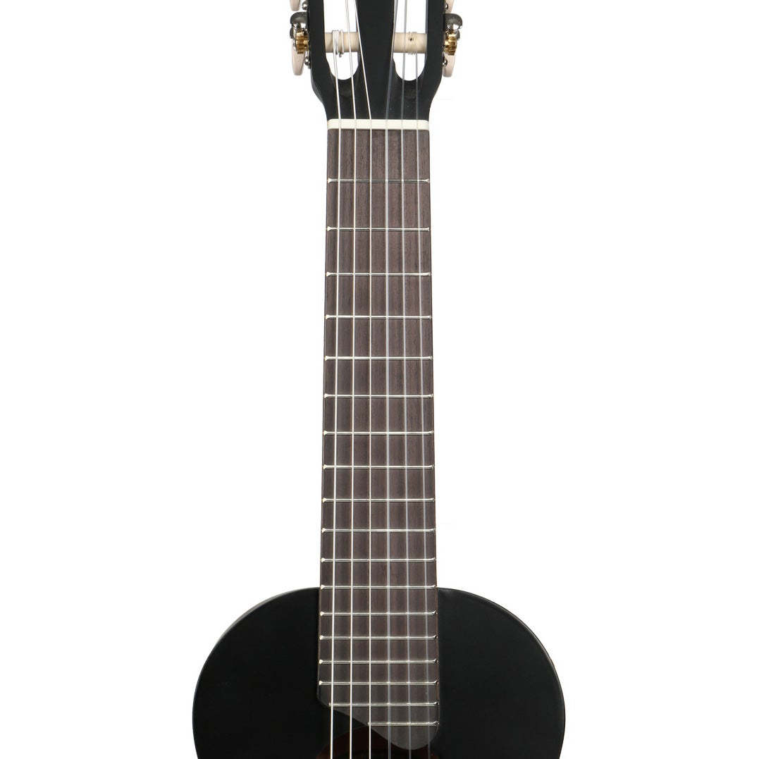 Czarna gitara ze strunami i progami.