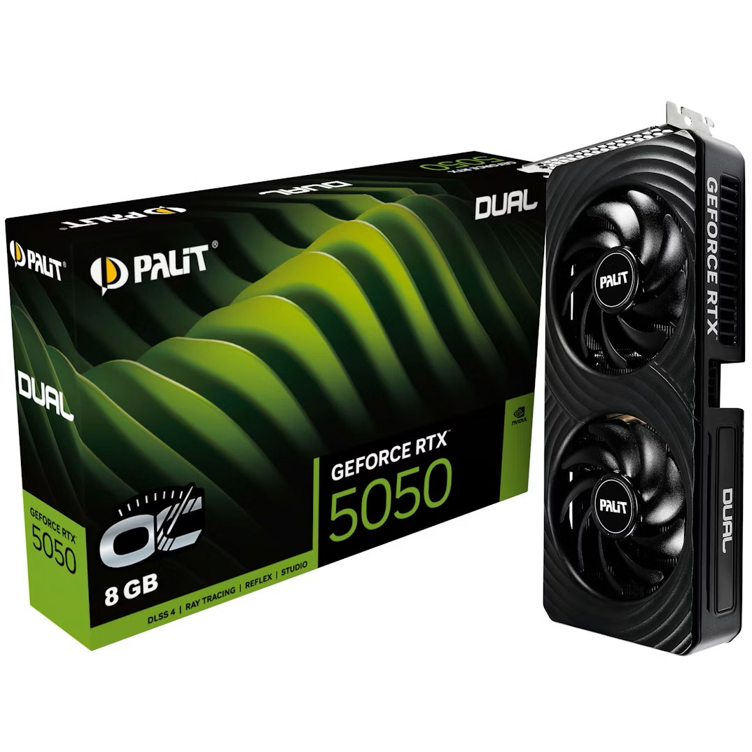 Karta graficzna Palit GeForce RTX 5050 DUAL i pudełko z zielonym wzorem fal.