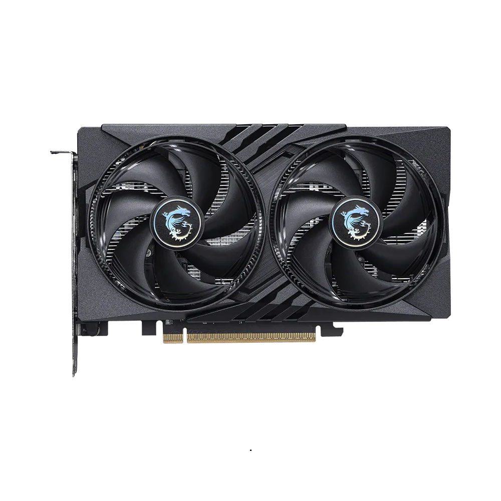 Scheda grafica MSI nera con due ventole, ognuna con logo drago blu.