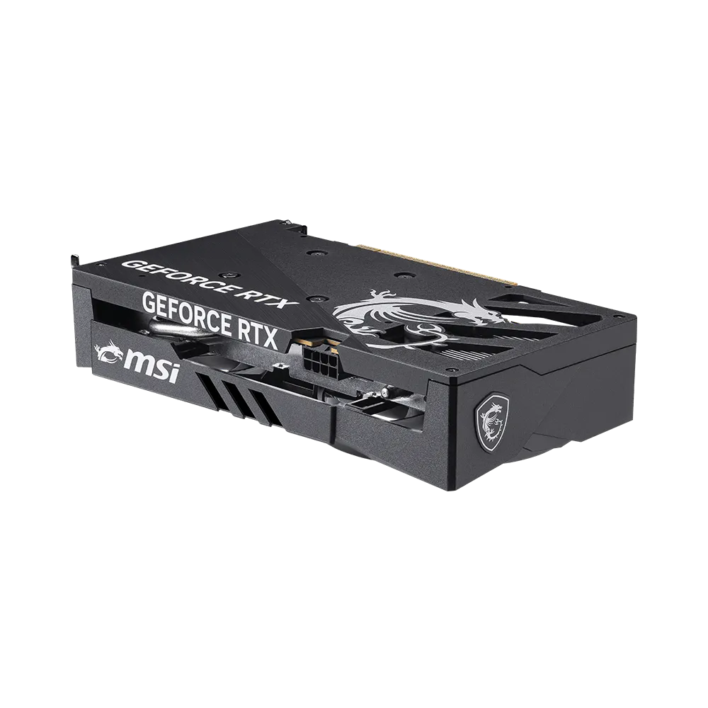 Una scheda grafica MSI GeForce RTX nera con logo argento su sfondo nero.