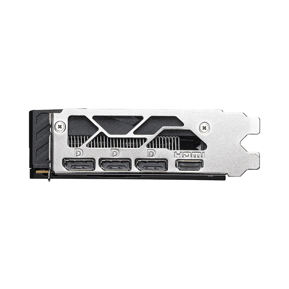 Scheda grafica con 3 porte DisplayPort e 1 porta HDMI, color argento.