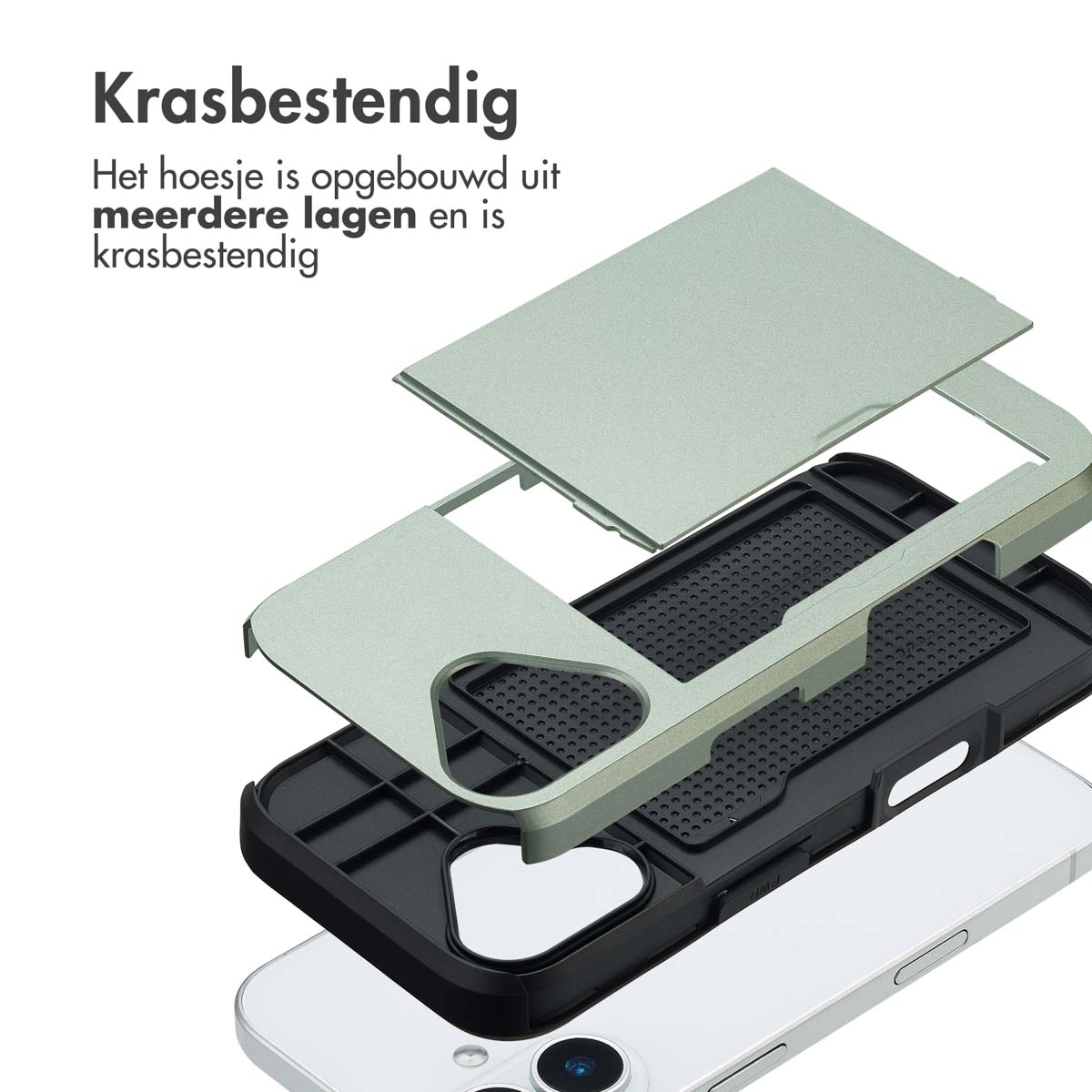 Explosietekening van een meerlaagse, krasbestendige telefoonhoes in lichtgroen.