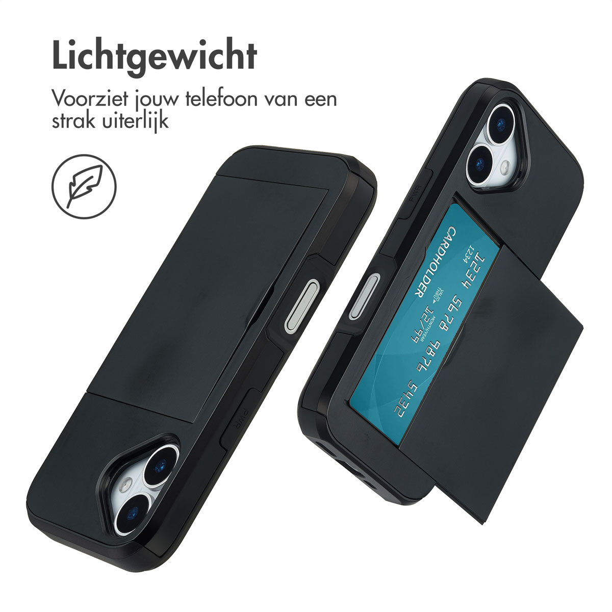 Zwarte telefoonhoes met kaartsleuf, met een creditcard erin.