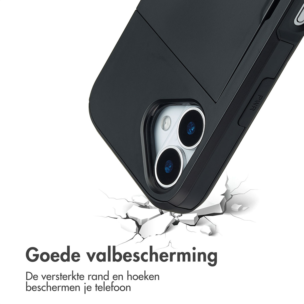 Zwarte telefoonhoes met twee camera's die op gebarsten grond slaan.