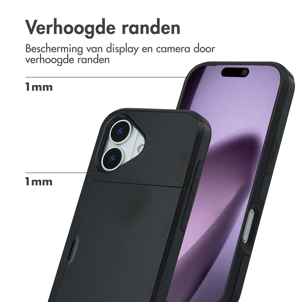 Zwarte telefoonhoes met verhoogde randen beschermt camera en scherm.