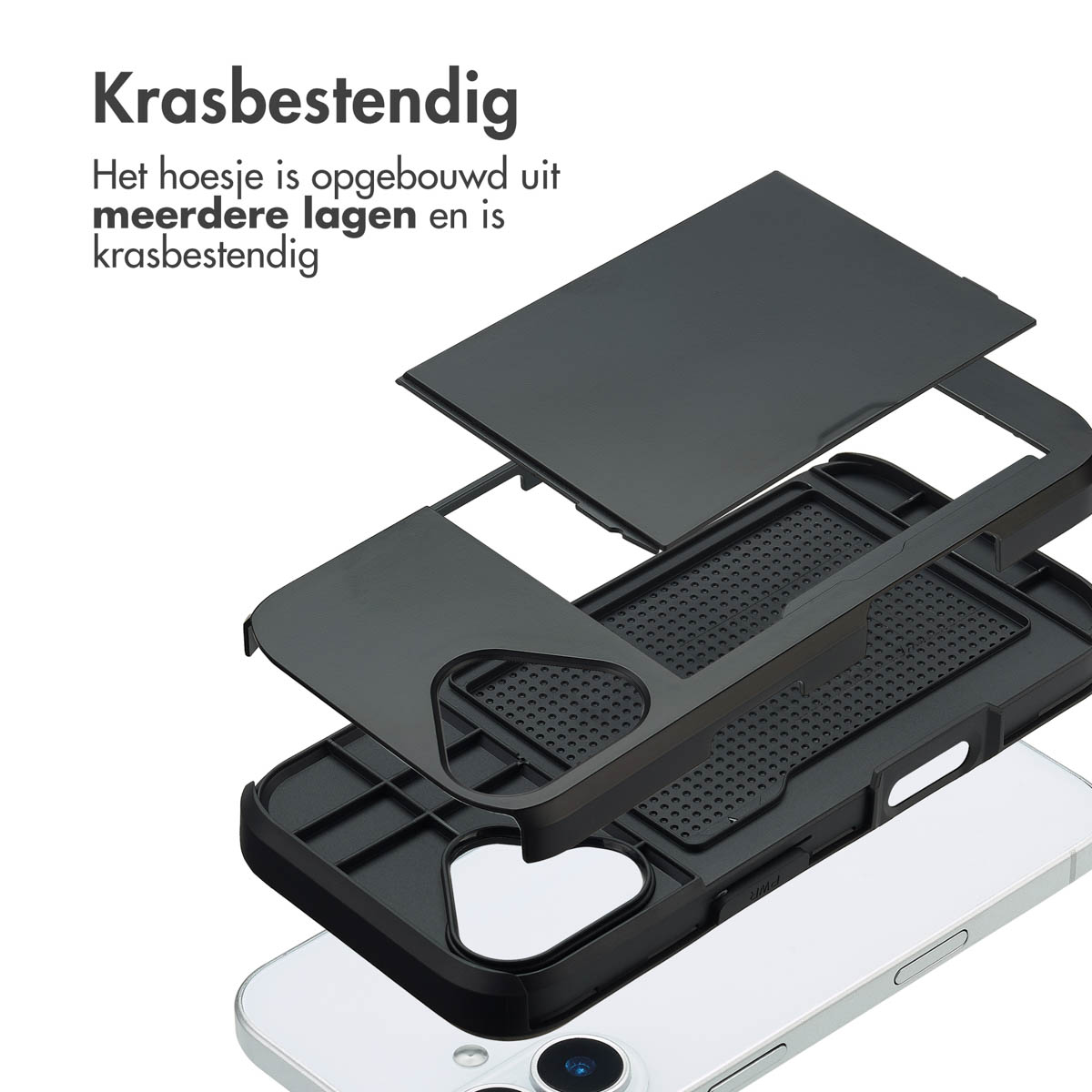 Exploded view van een zwarte telefoonhoes die beschermende lagen toont.