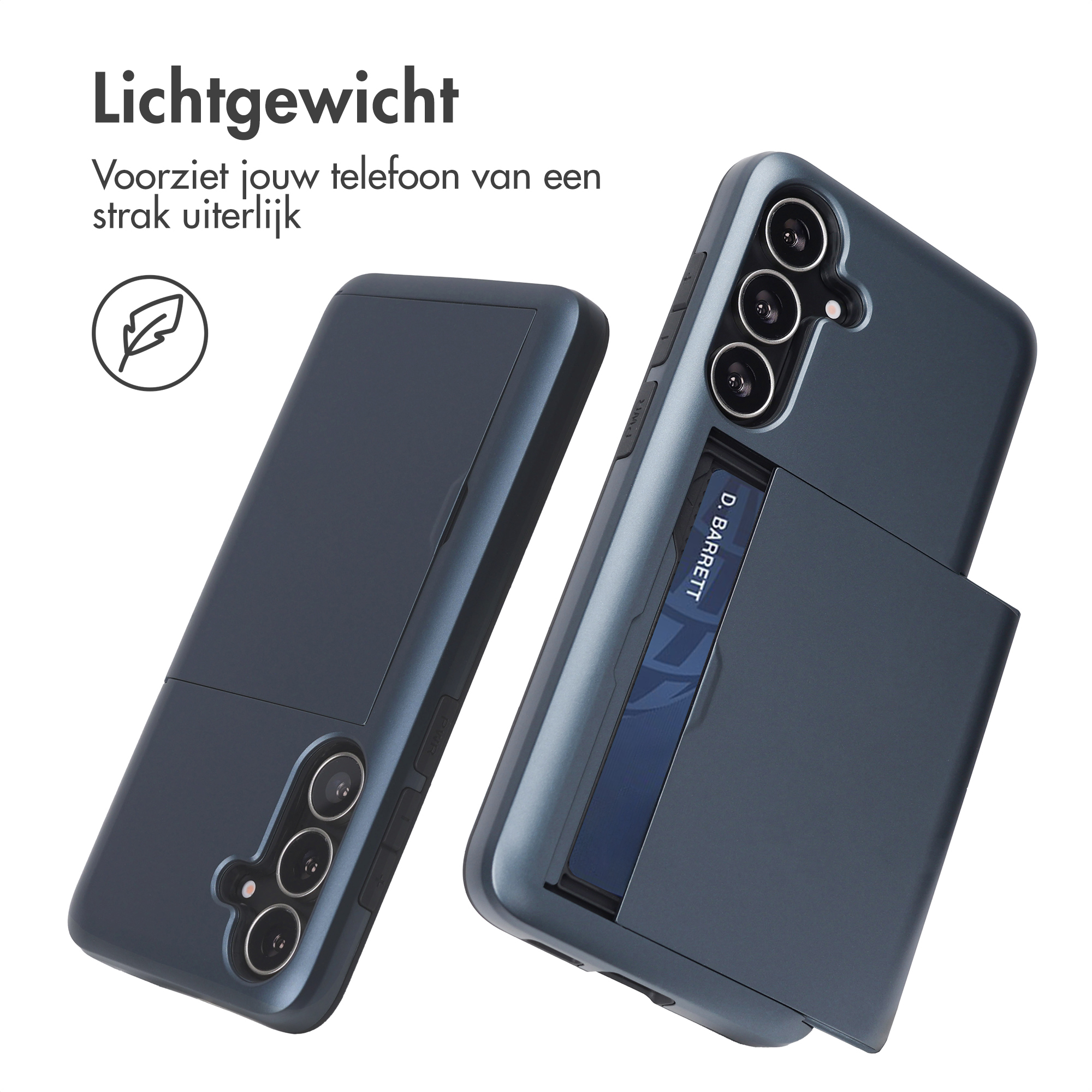 Donkergrijs telefoonhoesje met kaarthouder en camera-uitsparing.