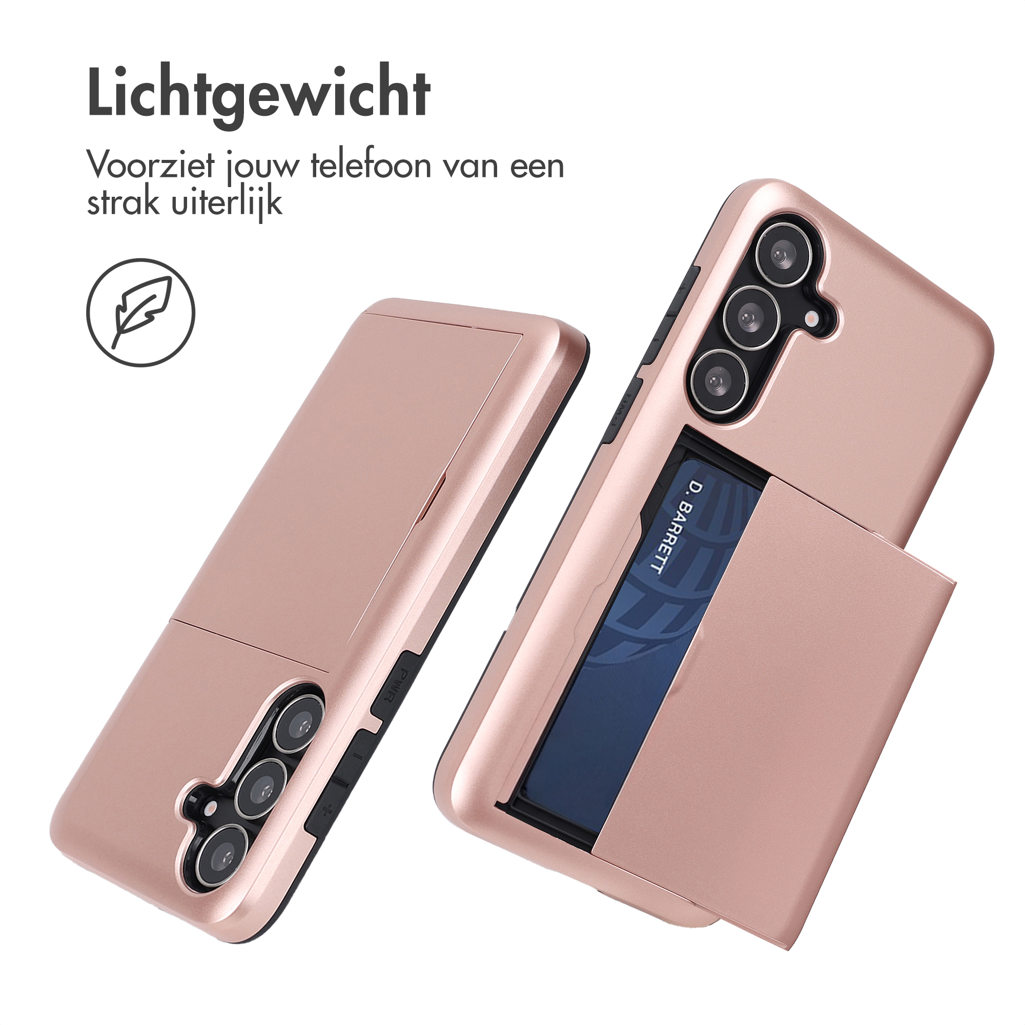 Deux coques de téléphone or rose avec emplacement pour carte et module caméra sur fond blanc.