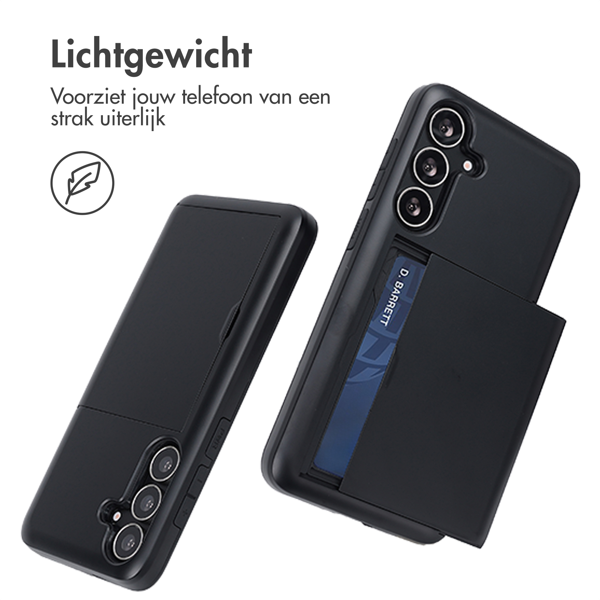 Coque de téléphone noire avec fente pour carte et trois caméras.
