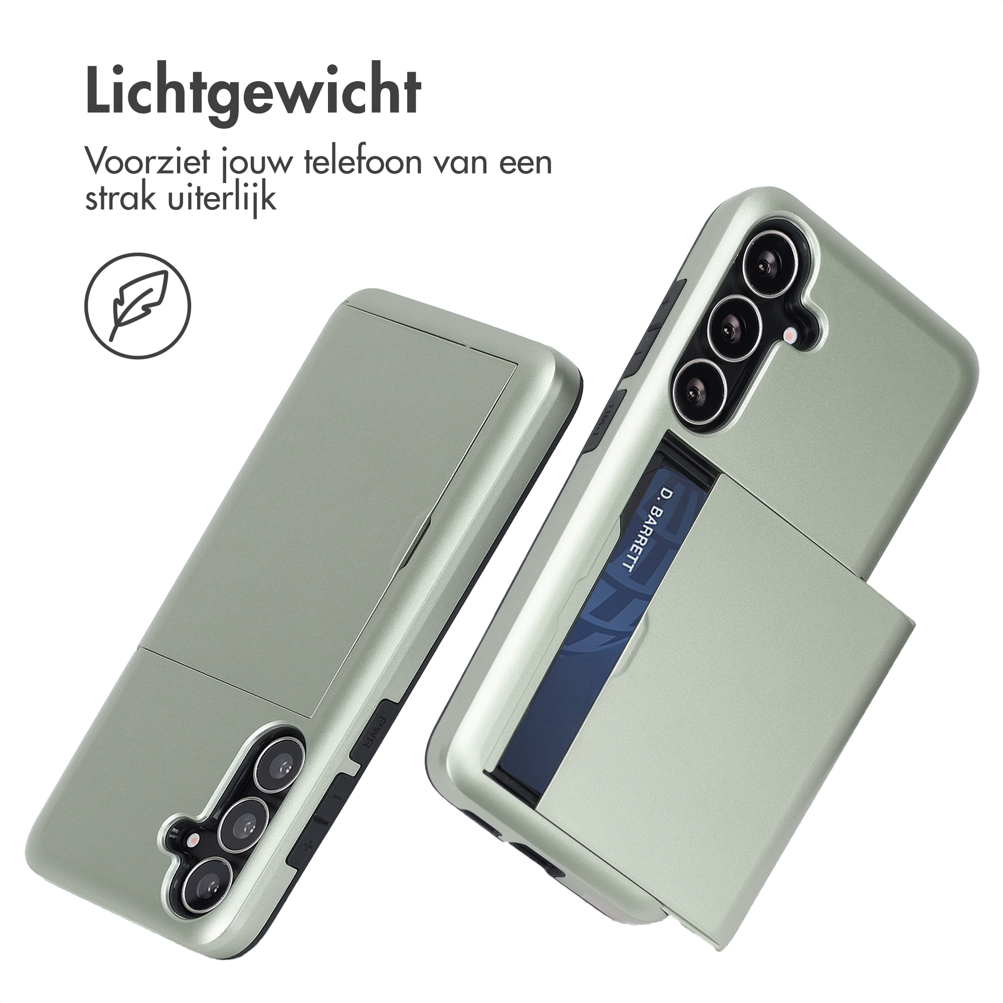 Deux coques de téléphone vert clair avec fentes pour cartes et caméras. Une coque a un compartiment ouvert.