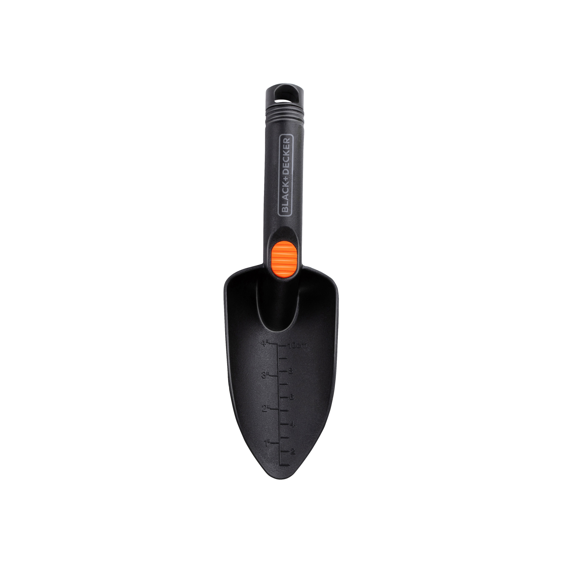 Transplantoir de jardin noir avec détail orange et marques de mesure.