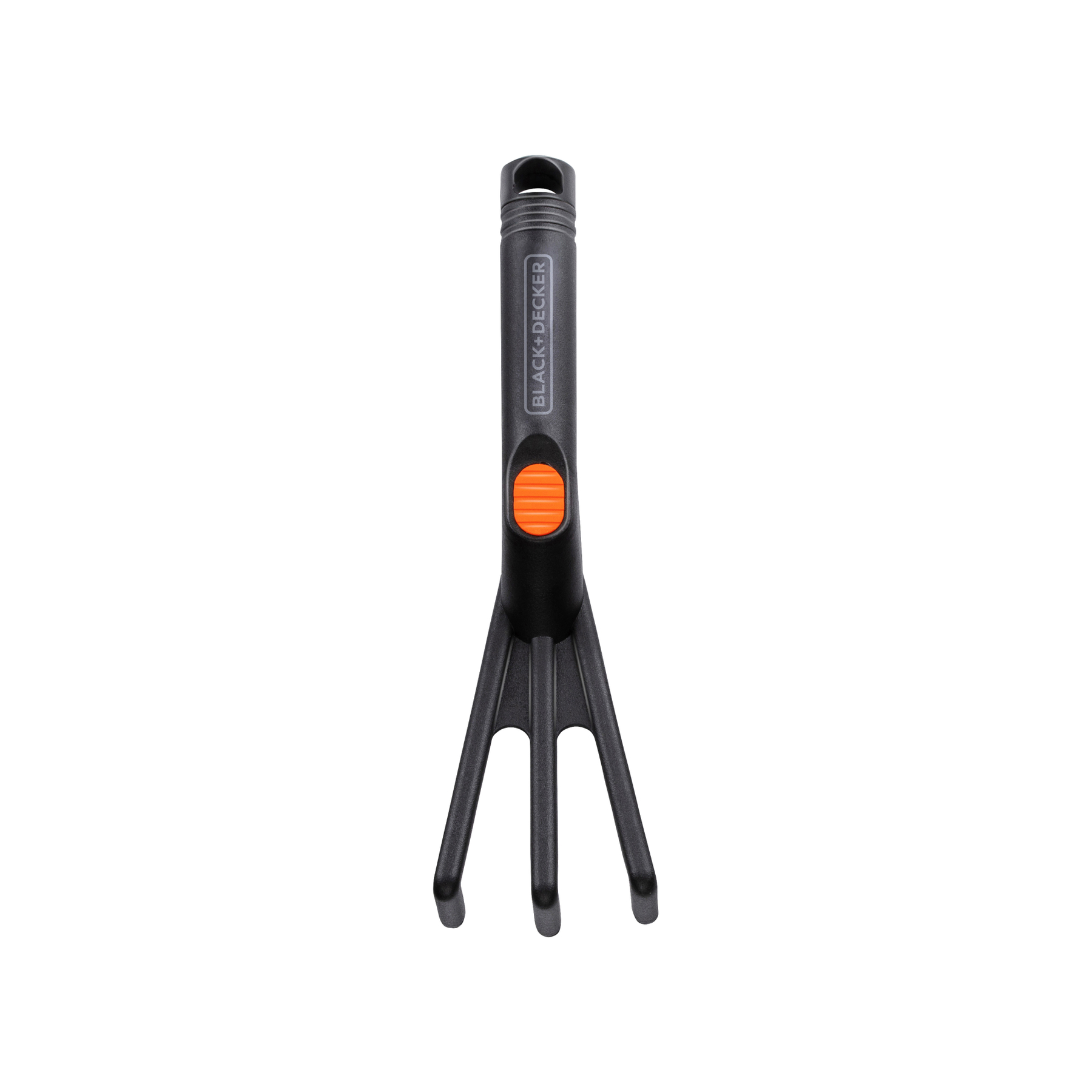 Râteau à main noir avec détail de grip orange et trois dents.