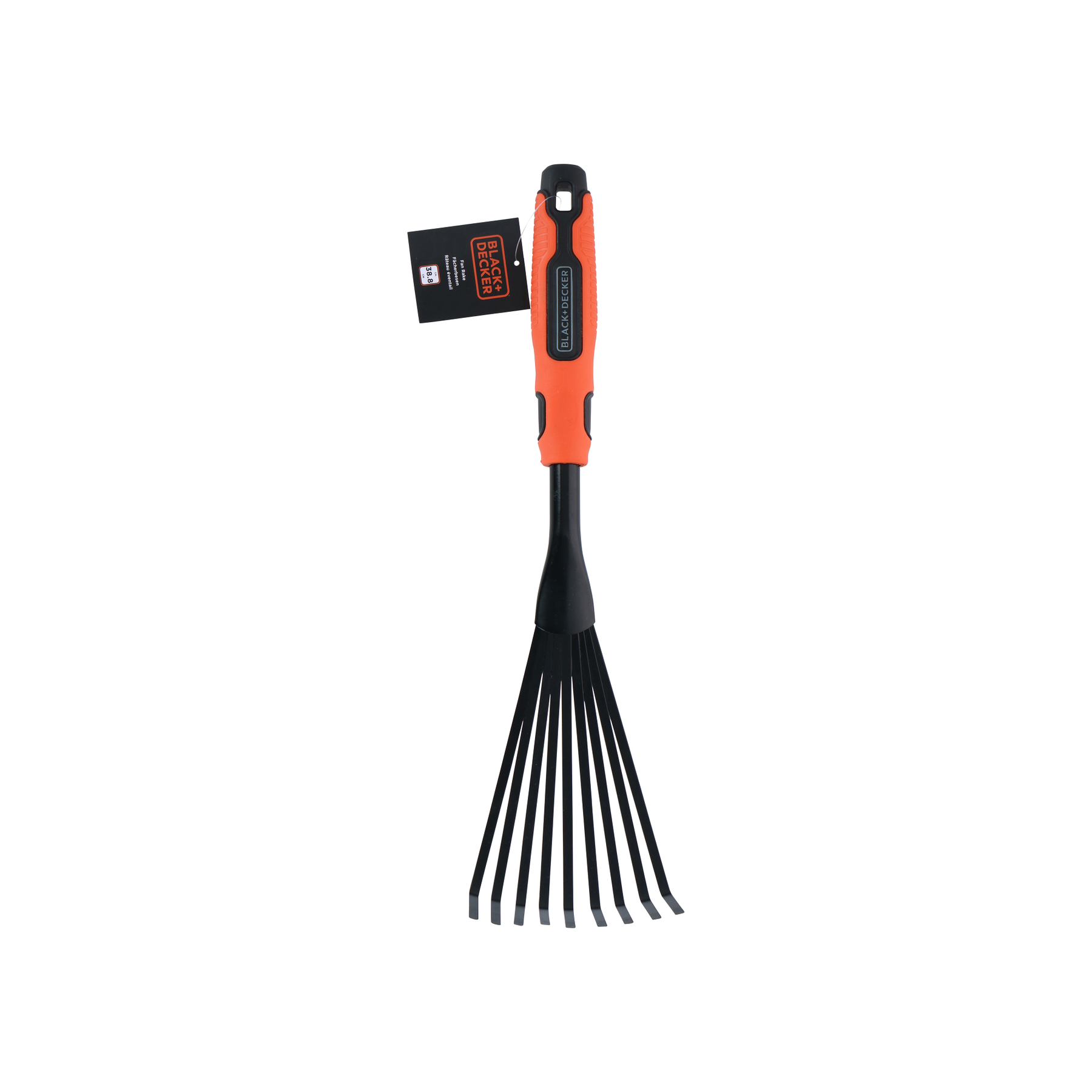 Ein Fächerbesen mit orange-schwarzem Griff und schwarzen Zinken.