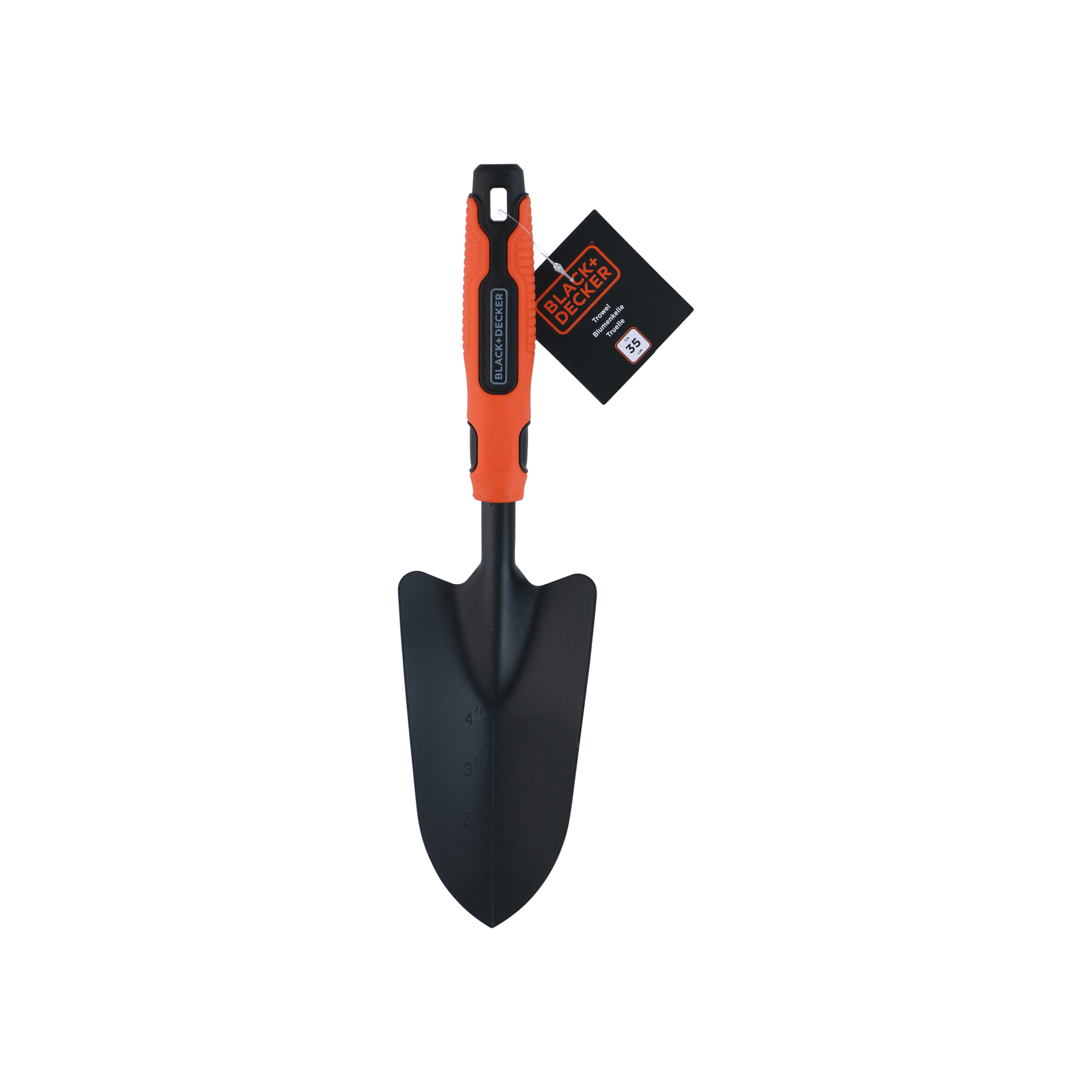 Zwarte plantenschep met oranje handvat en maatstrepen. Merk Black+Decker.