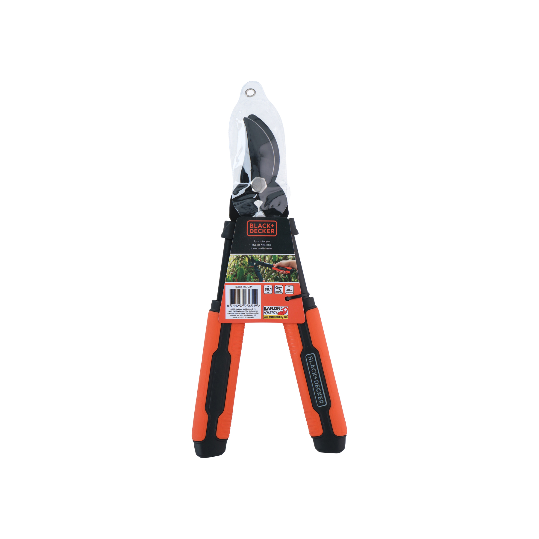 Zwarte en oranje Black+Decker snoeischaar in doorzichtige plastic verpakking.