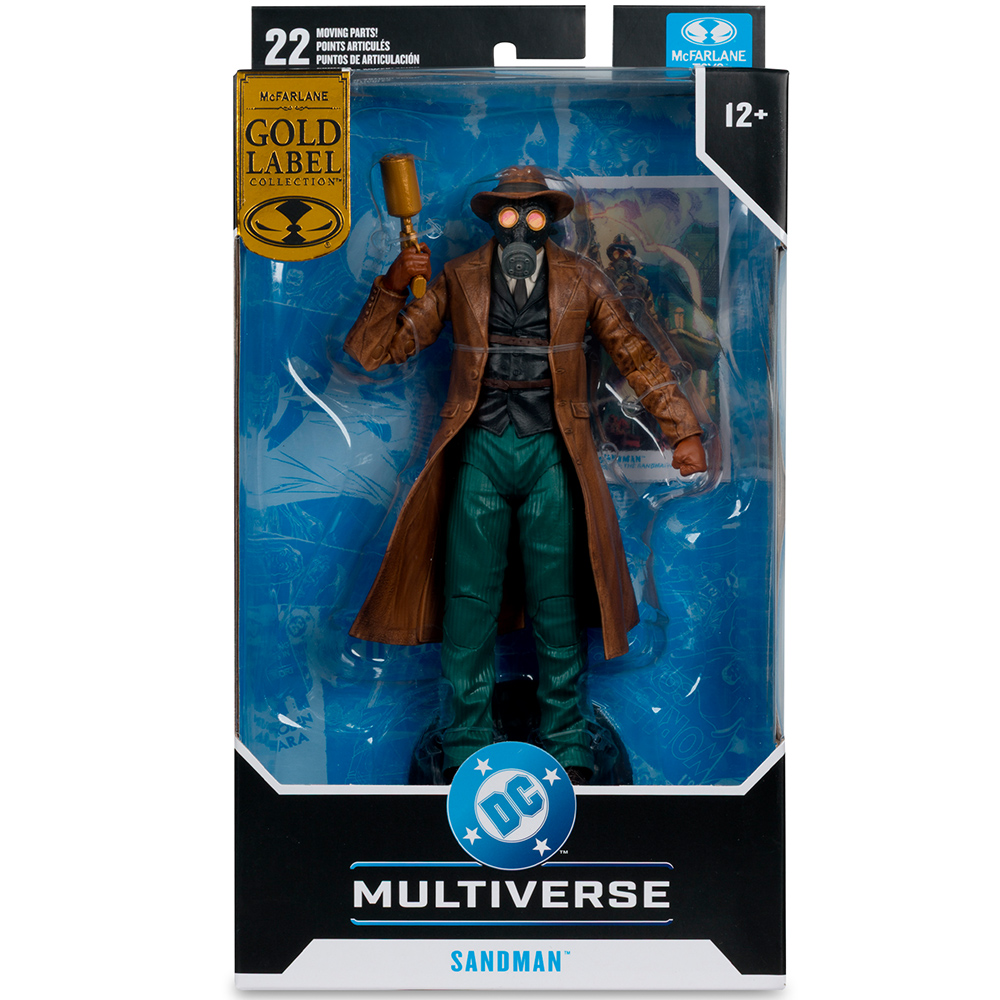 Action figure Sandman in scatola, con cappotto marrone, maschera antigas.