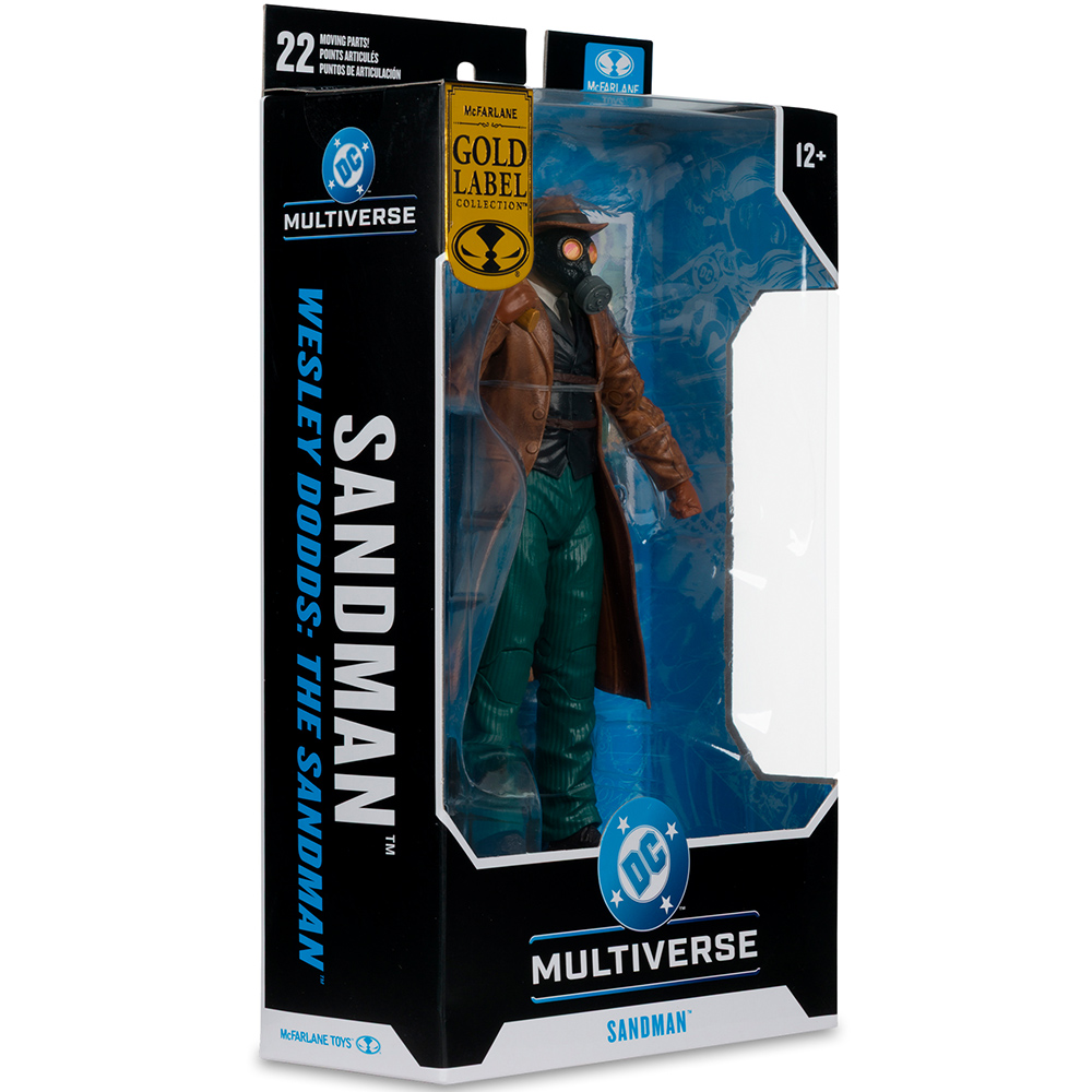 Action figure Sandman in scatola, cappotto marrone, pantaloni verdi, maschera gas.