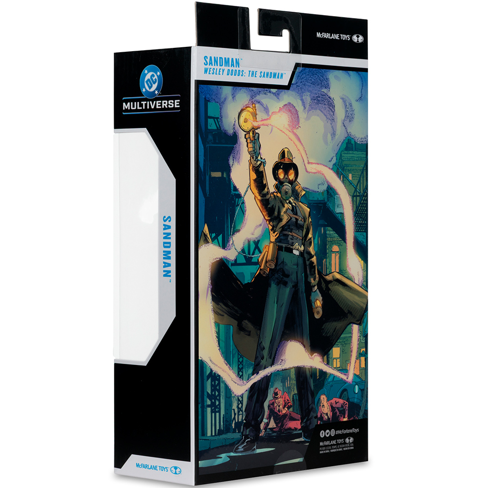 Confezione action figure Sandman con arte a fumetti di Wesley Dodds con maschera antigas.