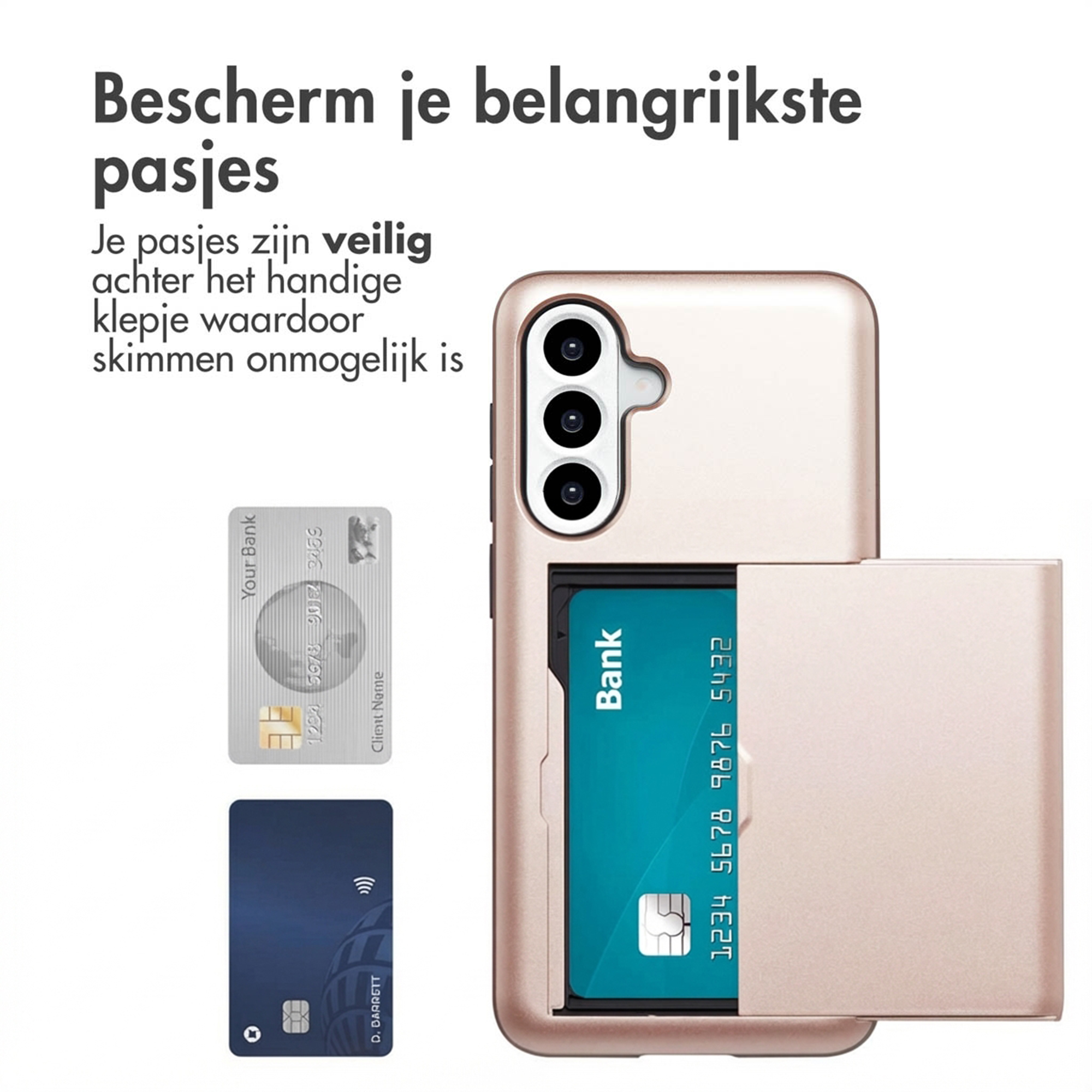 Een roségouden telefoonhoesje met kaarthouder, met kaarten.