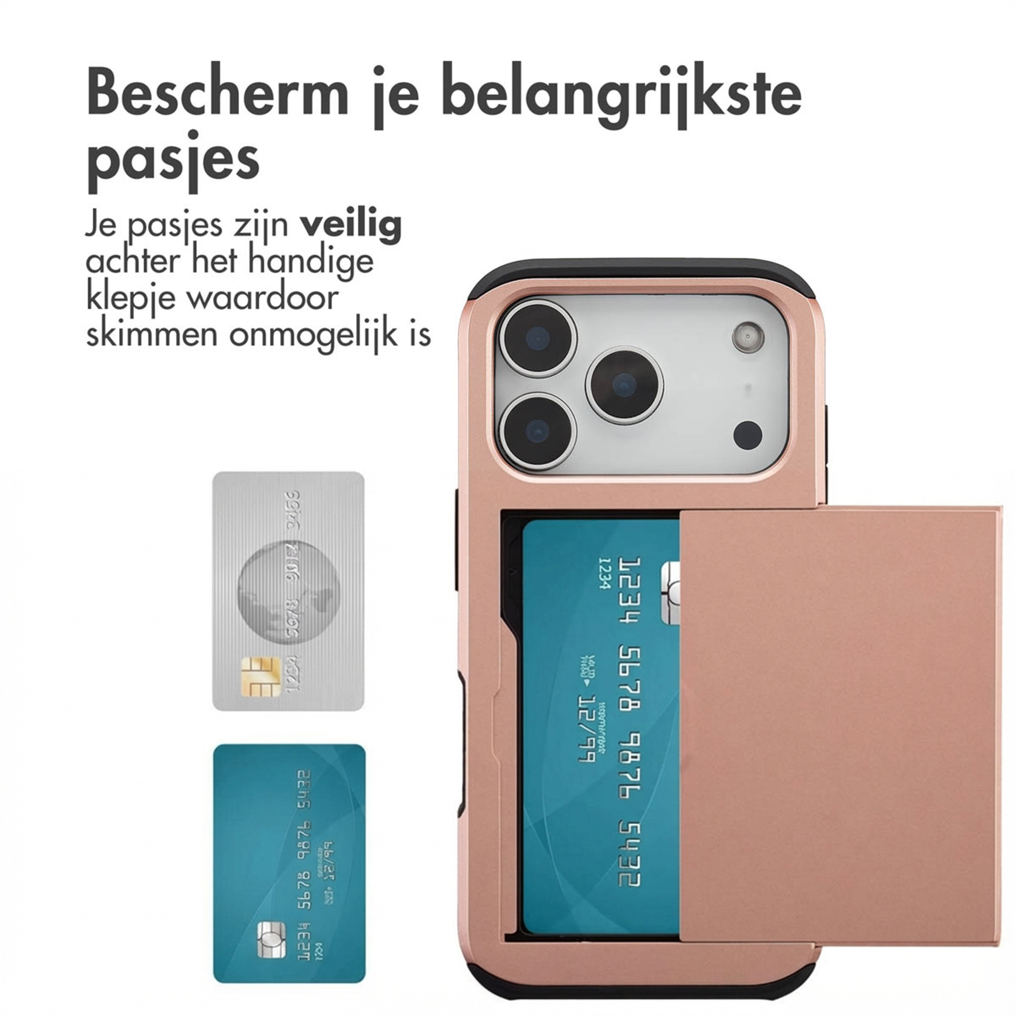 Een roségouden telefoonhoesje met kaarthouder toont twee creditcards.