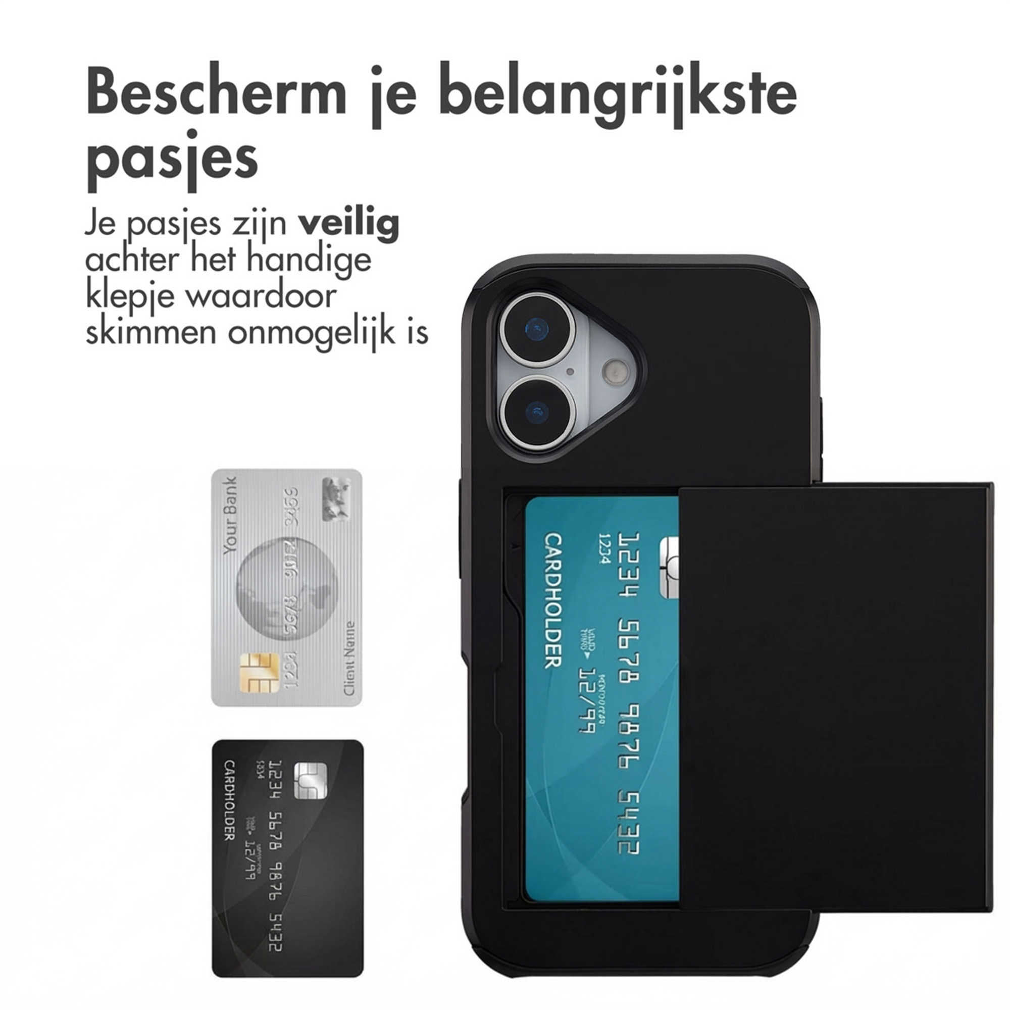 Zwarte telefoonhoes met kaartsleuf en twee voorbeeldkaarten ernaast.