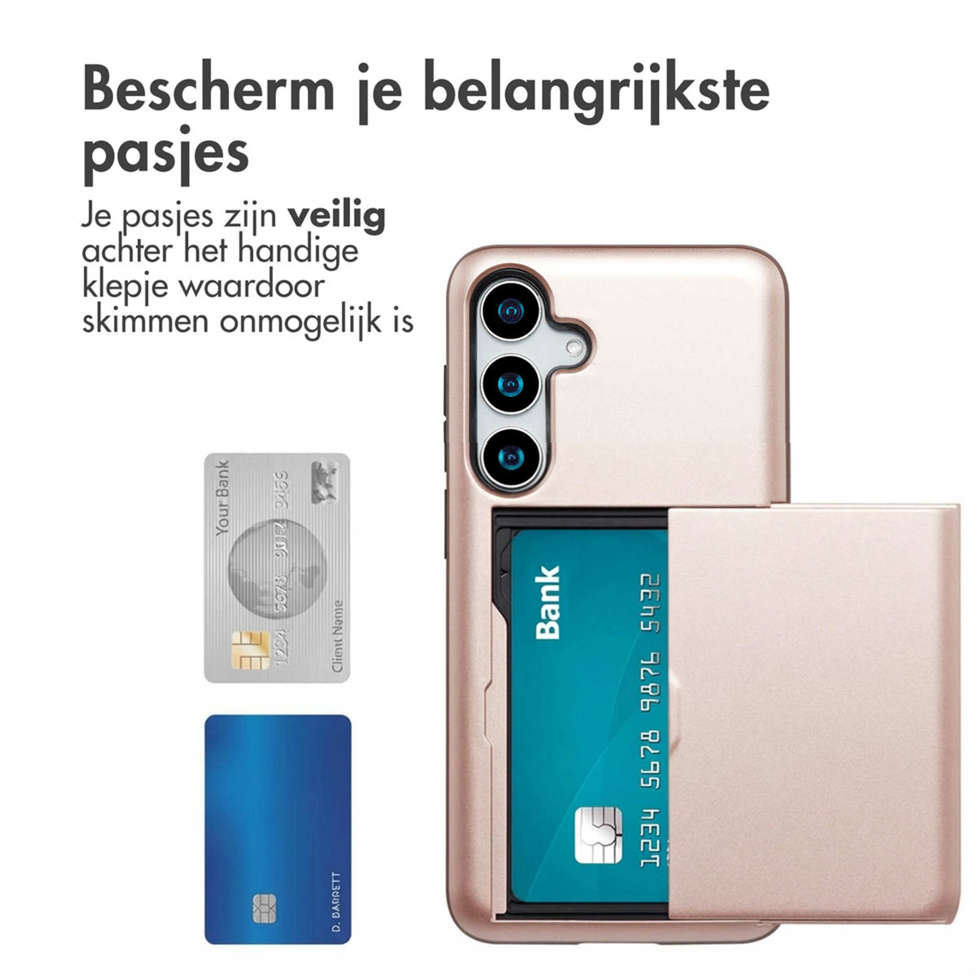 Een roségouden telefoon met kaarthouder toont een bankpas en een blauwe kaart.