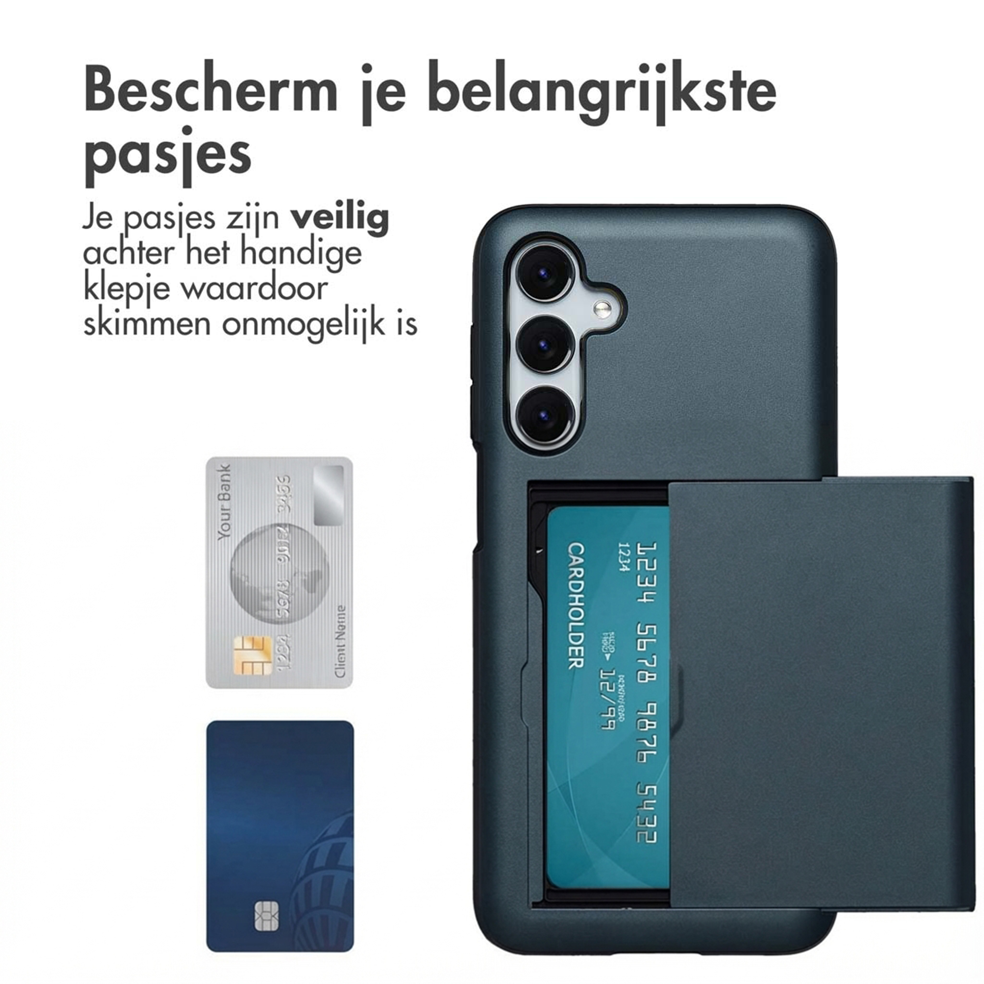 Donkergrijs telefoonhoesje met kaarthouder, toont twee creditcards.