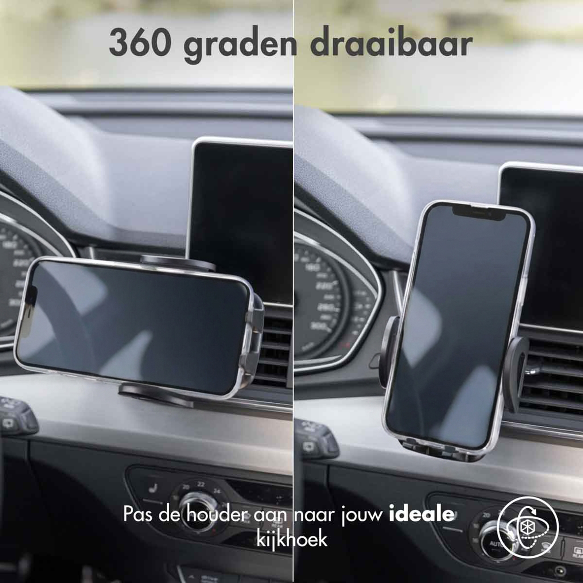 A smartphone in a car mount, rotatable 360 degrees.