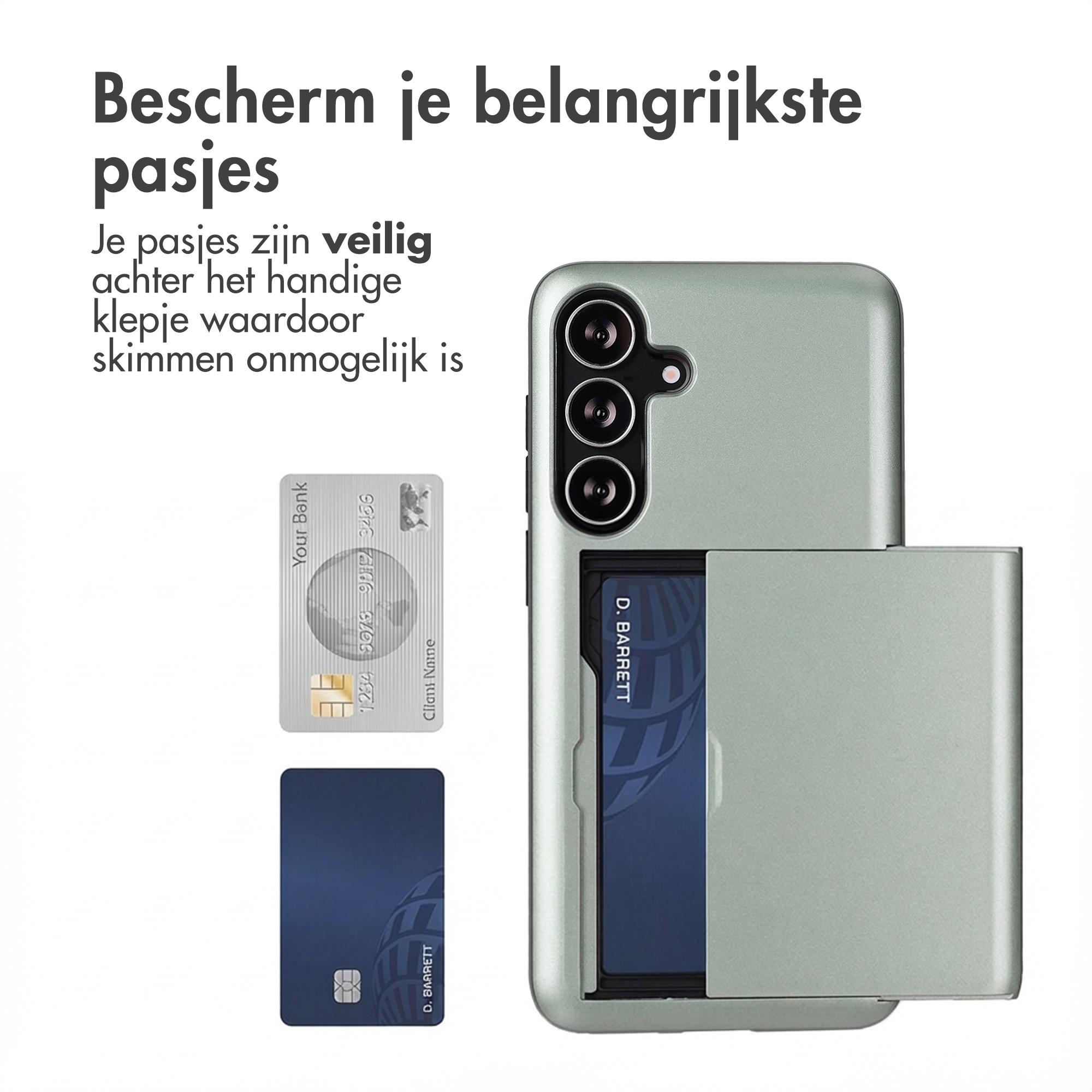 Une coque de téléphone vert clair avec fente pour carte, protégeant les cartes.