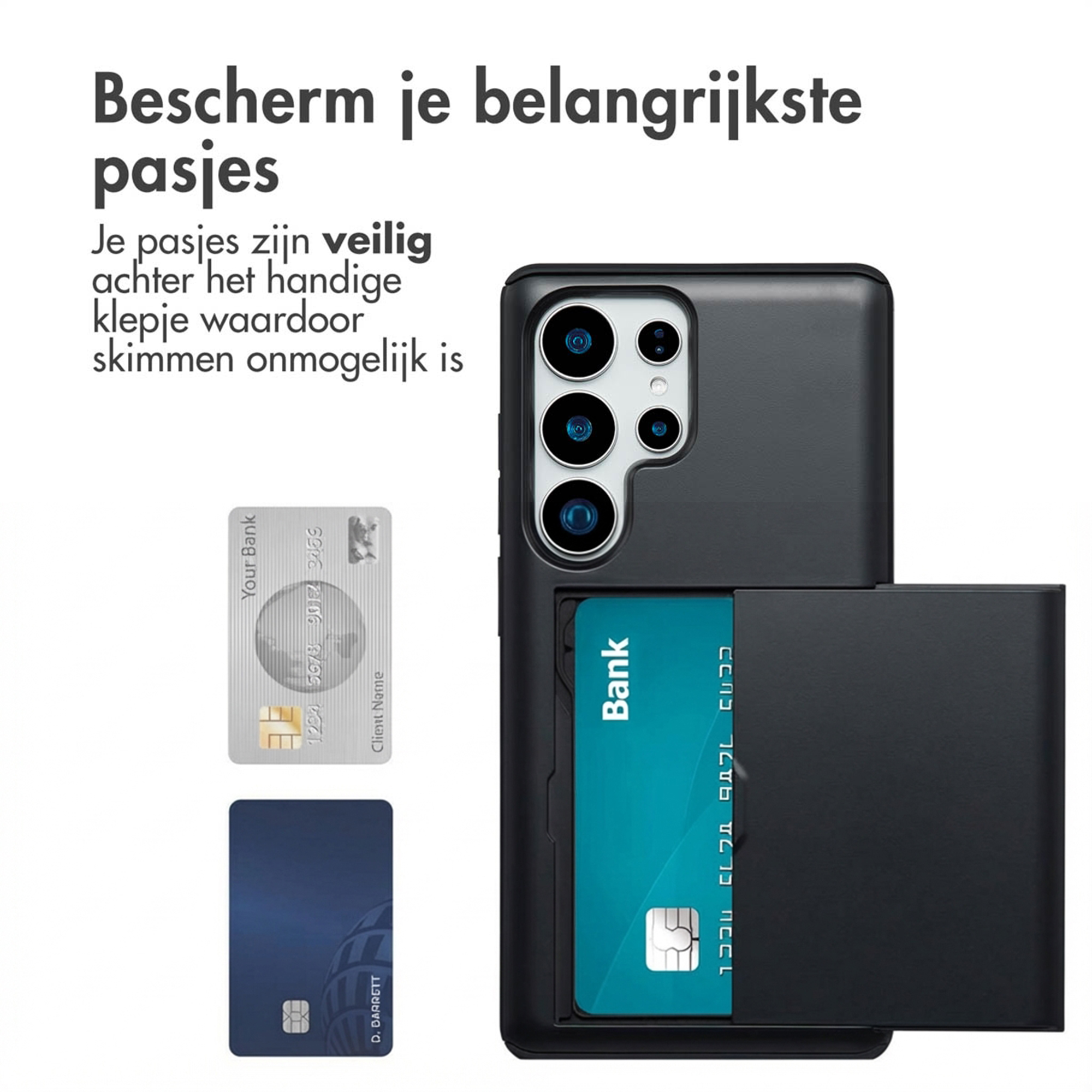 Telefoonhoesje met kaarthouder toont drie kaarten.