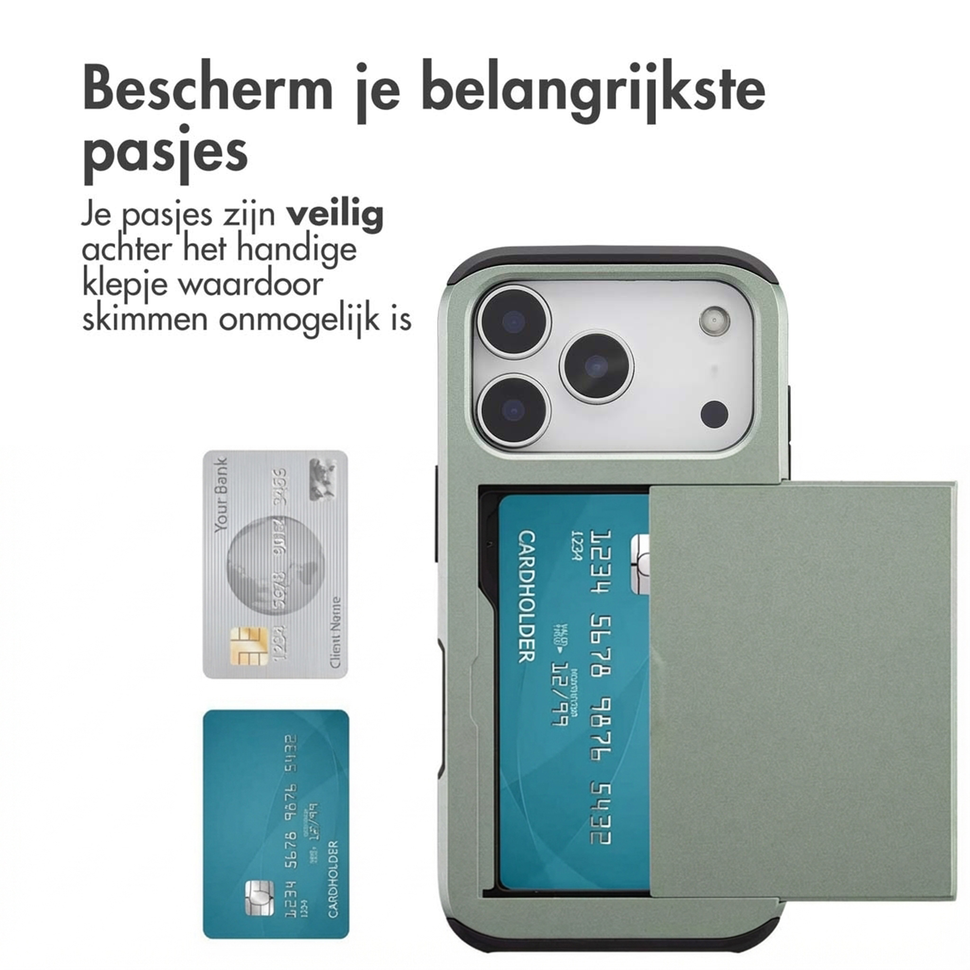 Een groen telefoonhoesje met kaarthouder toont creditcards.