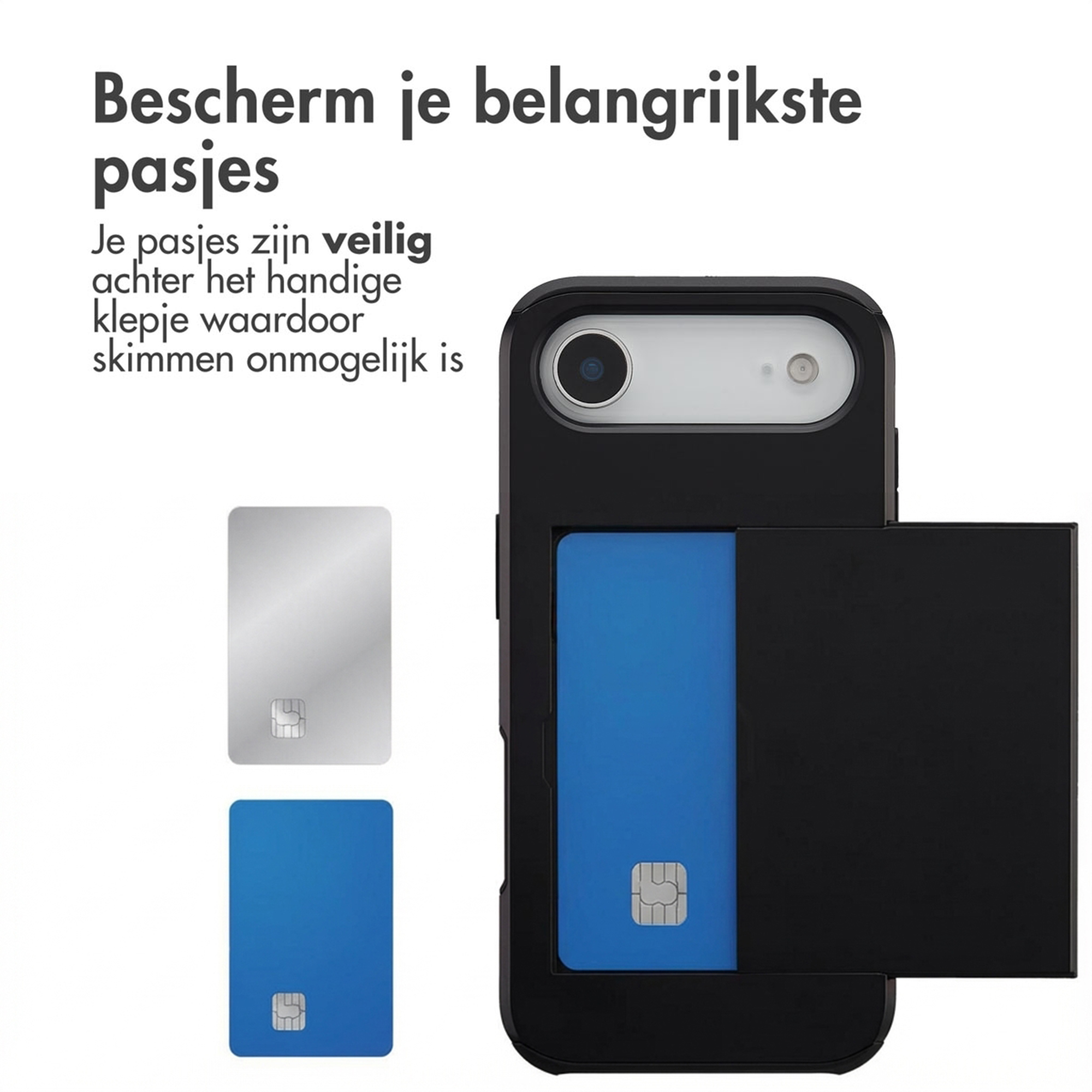 Coque de téléphone noire avec une carte bleue et une argentée à côté.