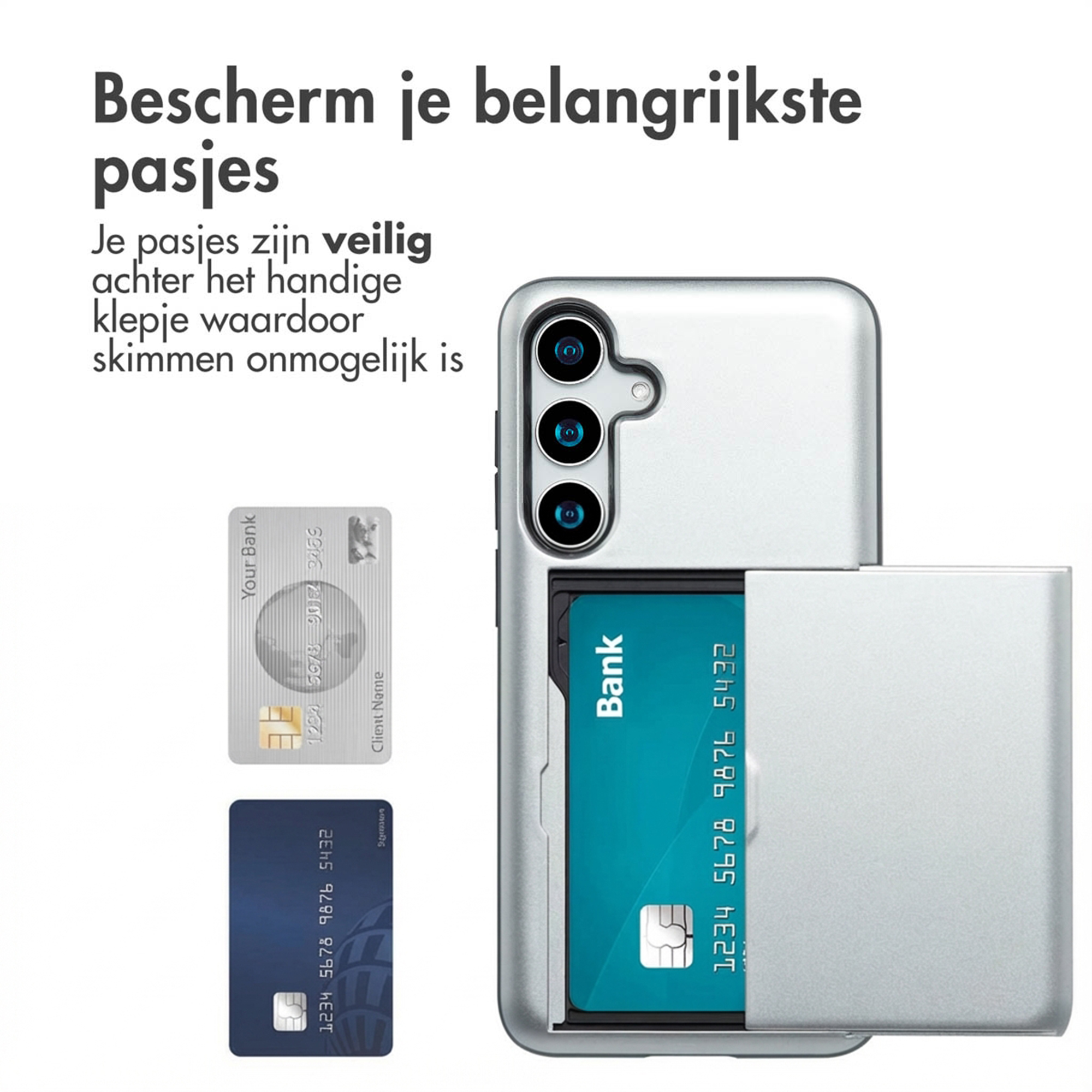 Een telefoon met kaarthouder toont een bankpas en een creditcard.