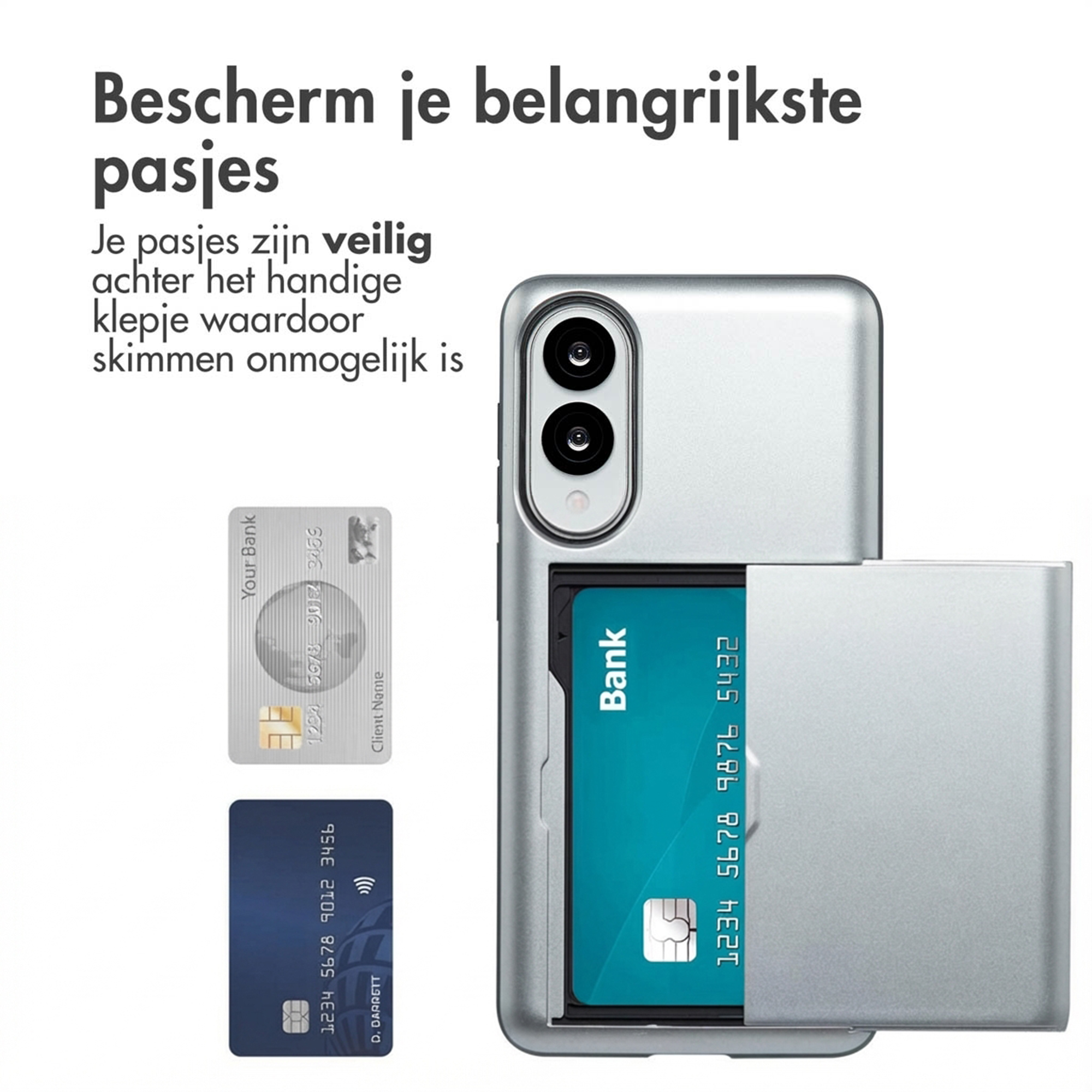 Zilveren telefoonhoes met kaartsleuf, toont twee creditcards.