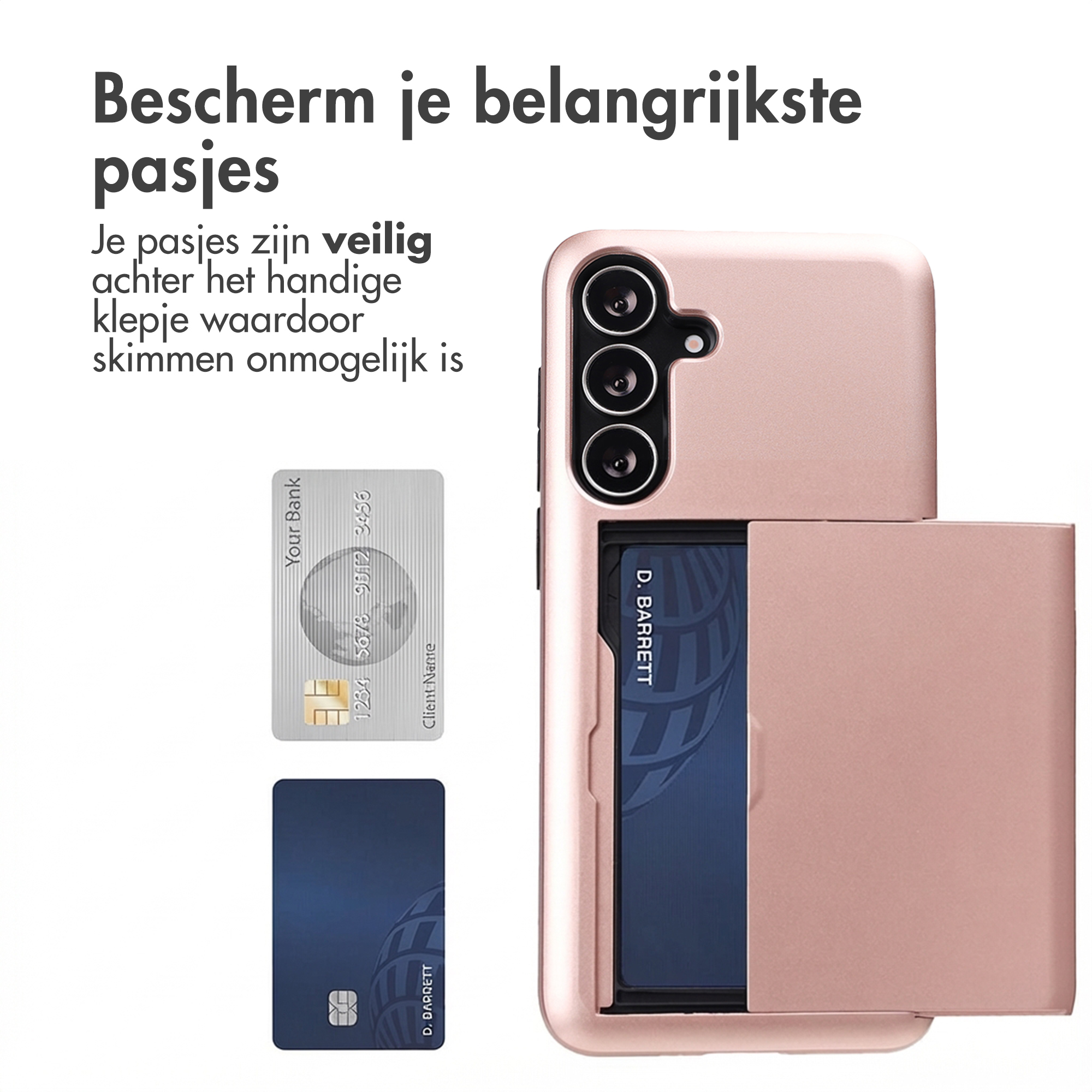 Une coque de téléphone or rose avec porte-cartes montre une carte de crédit.